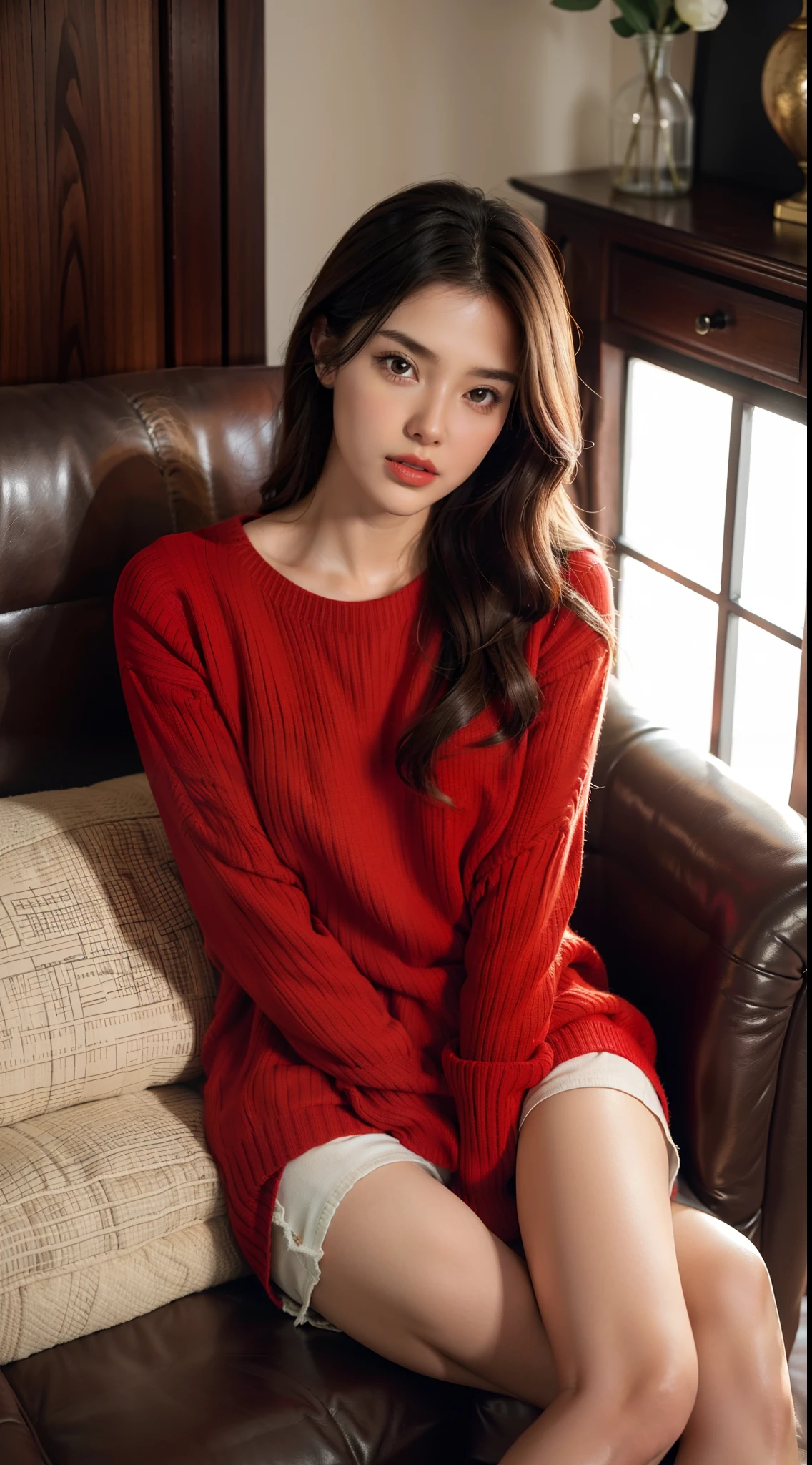 1 beautiful woman sitting on a cozy sofa,Cruce de piernas,Luz suave, Red sweater, Super Realist Photo, mejor calidad, shorts blanco