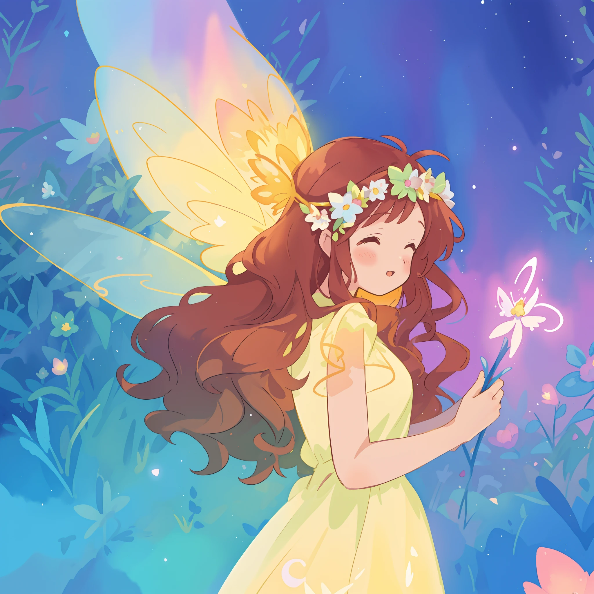 beautiful fairy girl in yellow puffy flowing dress, long curly brown hair, colorful flower crown on her head, colorful fantasia background, large glowing fairy wings, watercolor illustration, disney art style, glowing aura around her, glowing lights, beautiful digital illustration, fantasia otherworldly landscape plants flowers, beautiful, masterpiece, best quality, anime disney style, beautiful face, golden ratio, perfect composition