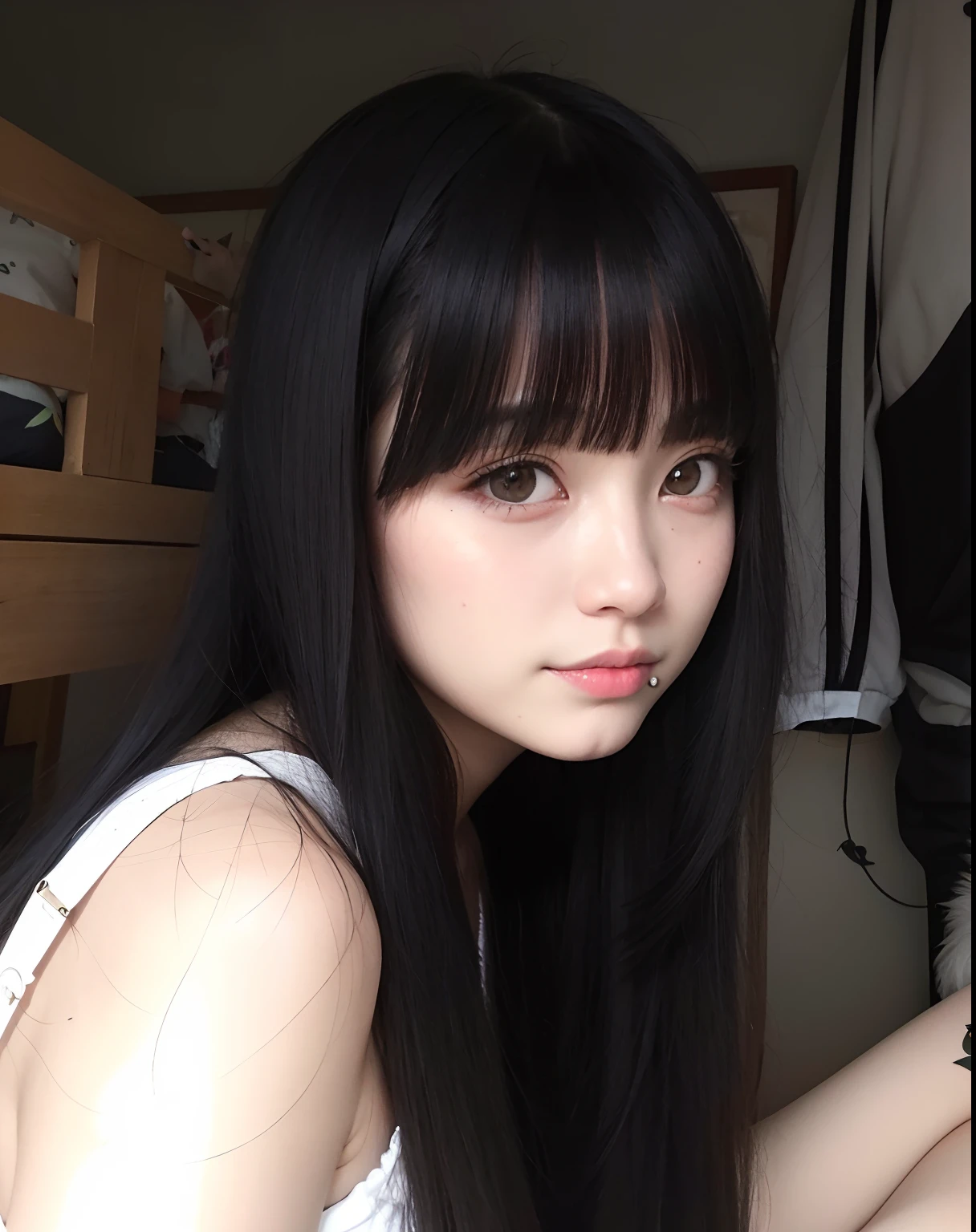 There's a young woman with long black hair posing for a photo, preto hime corte cabelo, Ela tem cabelo preto com franja, Menina anime na vida real, O corte Hime, Sui Ishida com cabelo preto, cabelo preto longo com franja, cabelo blackbangs cabelo, Ulzzang, menina bonito-fino-cara, cabelos escuros longos com franja