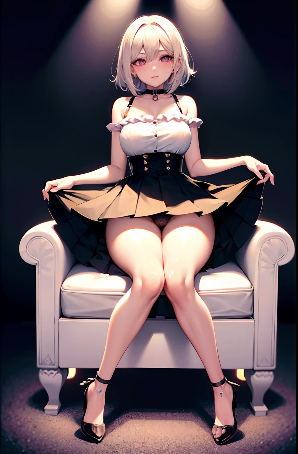 best quality, ultra high res, 1girl, black choker, cute, (Kpop idol), (aegyo sal:1), (platinum blonde hair:1), ((y eyes)), looking at viewer, full body, facing front, legs spread, lifting skirt to show pantick thighs