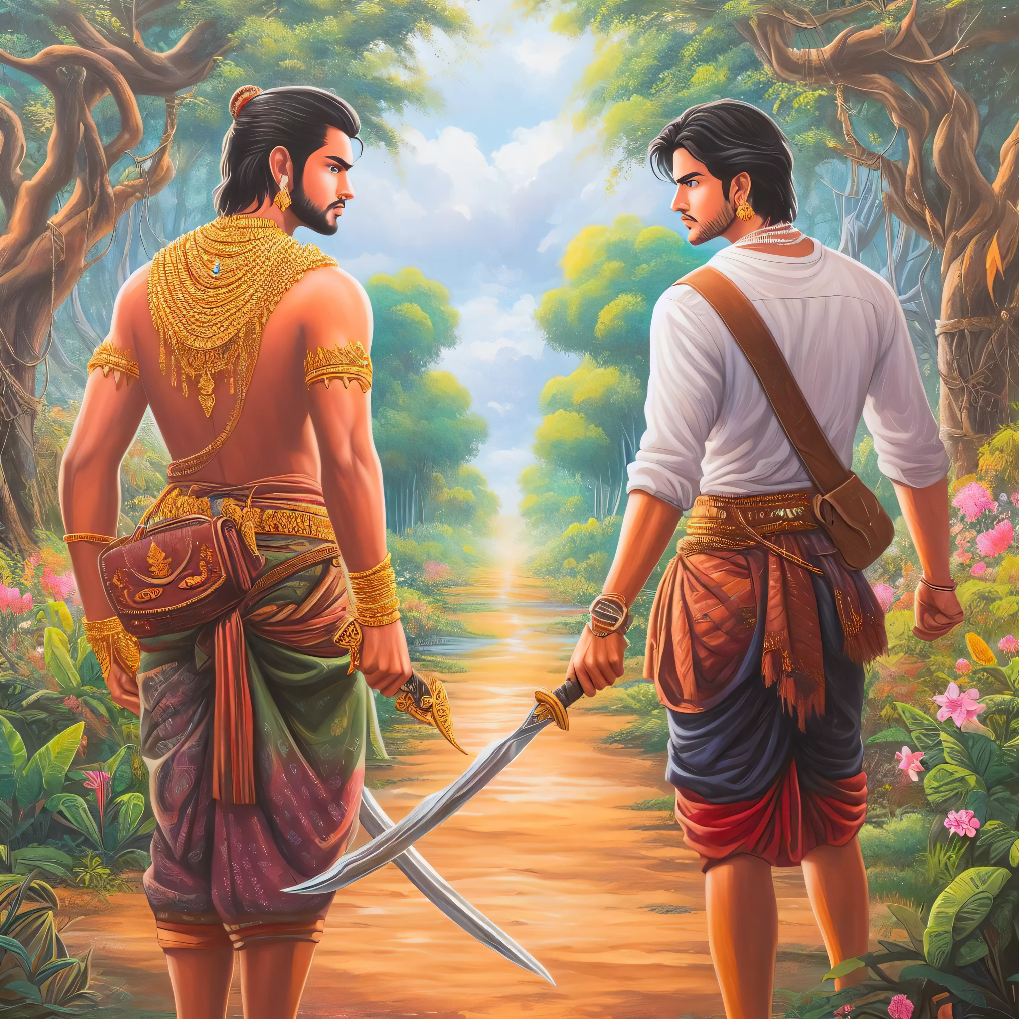 two men with swords in a forest with flowers, from ramayan, ashoka tano, inspired by Brothers Hildebrandt, inspired by the Brothers Hildebrandt, inspired by Ram Chandra Shukla, inspired by Raja Ravi Varma, ghutra and egal, official art, by Bholekar Srihari, hold sword in the forest, activity with fight on swords