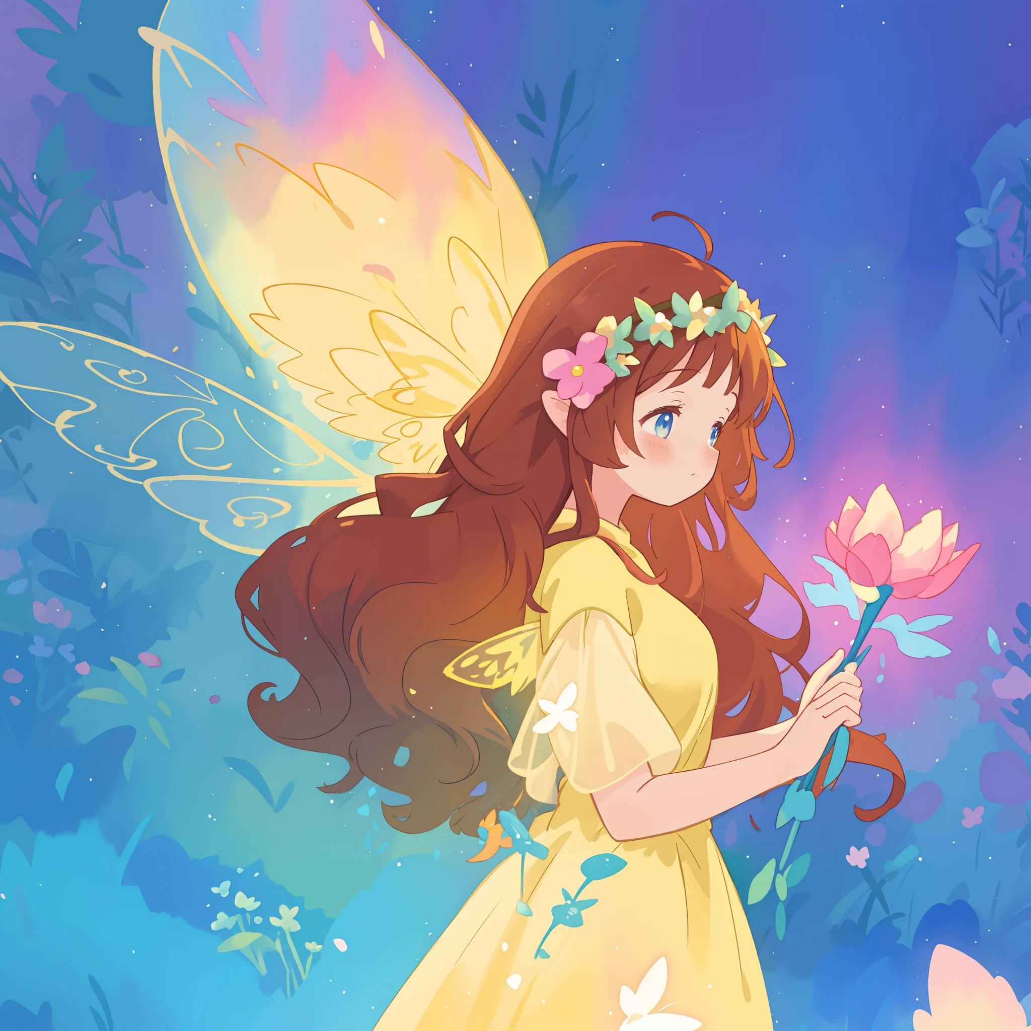 beautiful fairy girl in yellow puffy flowing dress, long curly brown hair, colorful flower crown on her head, colorful fantasia background, large glowing fairy wings, watercolor illustration, disney art style, glowing aura around her, glowing lights, beautiful digital illustration, fantasia otherworldly landscape plants flowers, beautiful, masterpiece, best quality, anime disney style, beautiful face, golden ratio, perfect composition