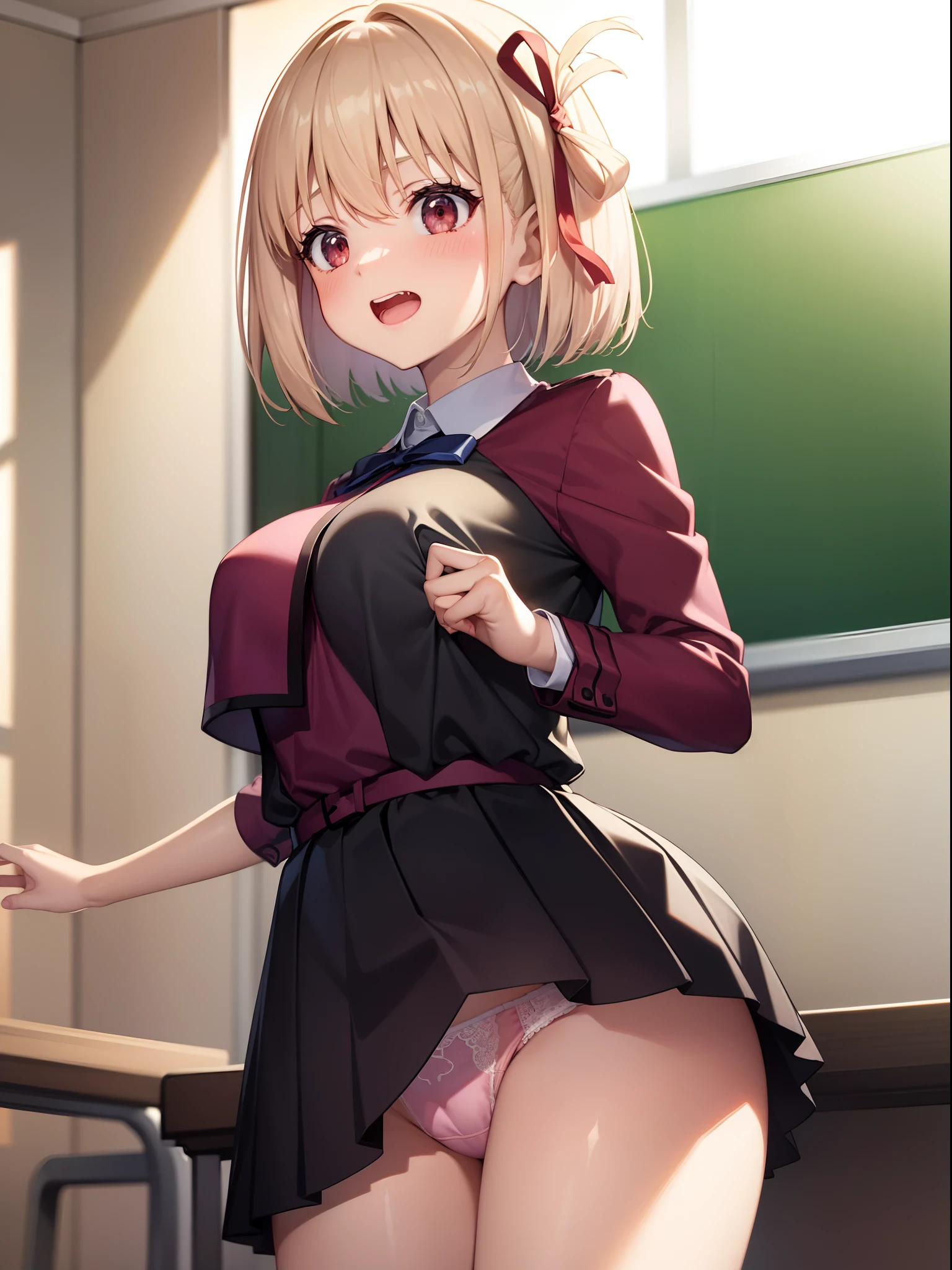 top-quality、masutepiece、1girl in、platinum-blonde、Bob Hair、Red ribbons、in one's underwear only、Pink lingerie、to close range、red blush、Kamimei、Staring at this、Cute anime illustration、tits out、lighting like a movie、top-quality、High school girl pulling her panties down to her thighs in a school classroom、Laugh、Nearly taking off your panties、ripped school uniform