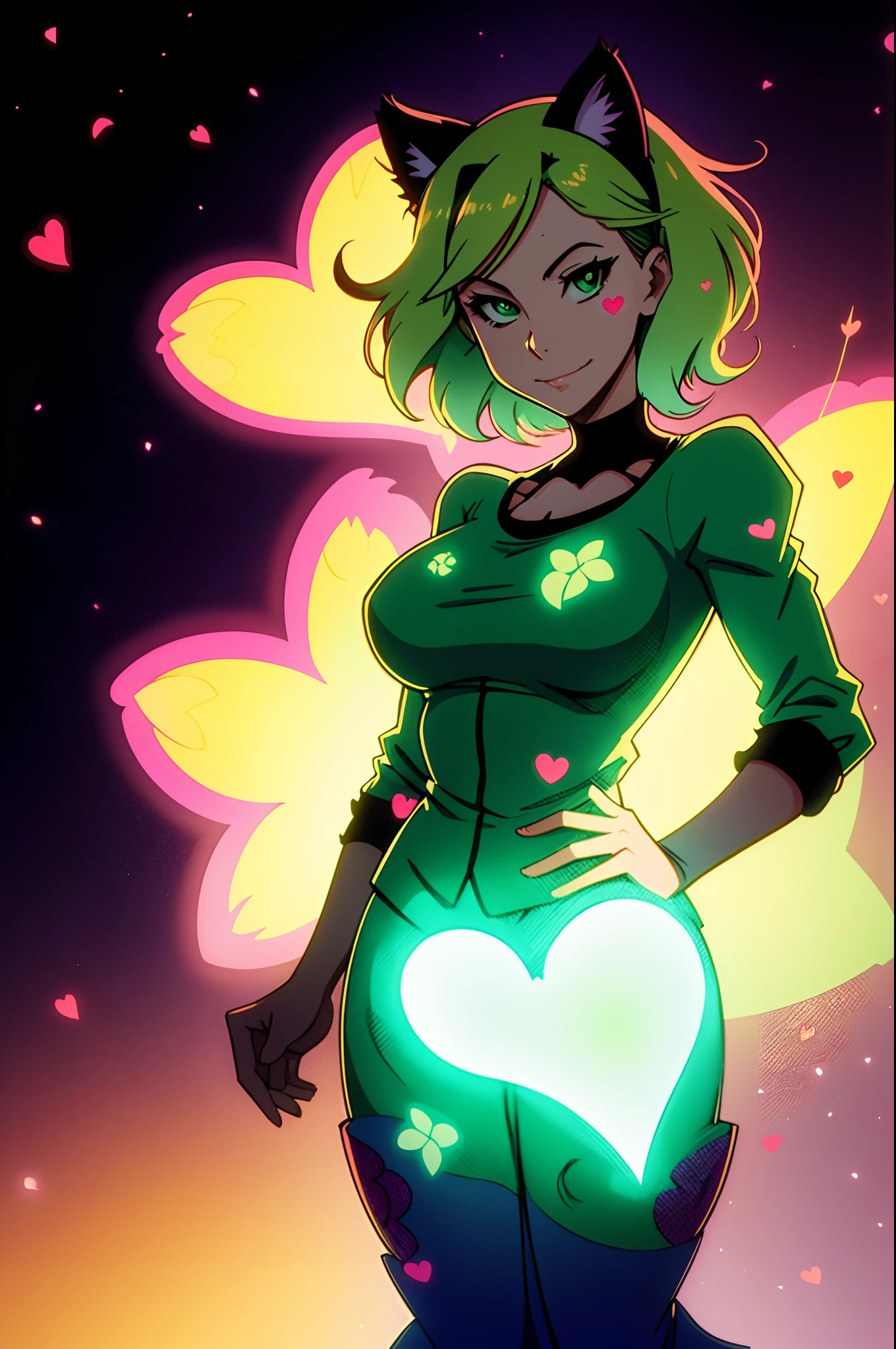 1980s anime milf,kawaii,cartoonish female,Arizona green tea color palette,cat/foxgirl,petals,hearts,slight smile,full body,floating,star background,particles,spectral,glowing,2.5D,rainbow,(silhouette lighting:1.3),backlighting
