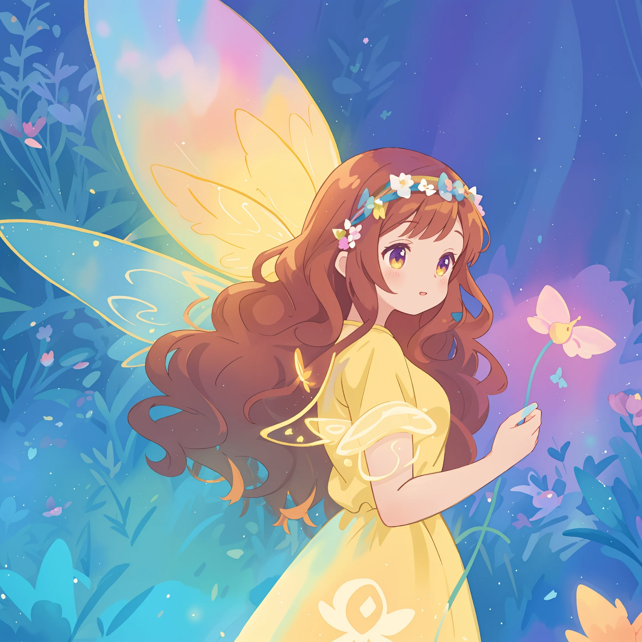 beautiful fairy girl in yellow puffy flowing dress, long curly brown hair, colorful flower crown on her head, colorful fantasia background, large glowing fairy wings, watercolor illustration, disney art style, glowing aura around her, glowing lights, beautiful digital illustration, fantasia otherworldly landscape plants flowers, beautiful, masterpiece, best quality, anime disney style, beautiful face, golden ratio, perfect composition