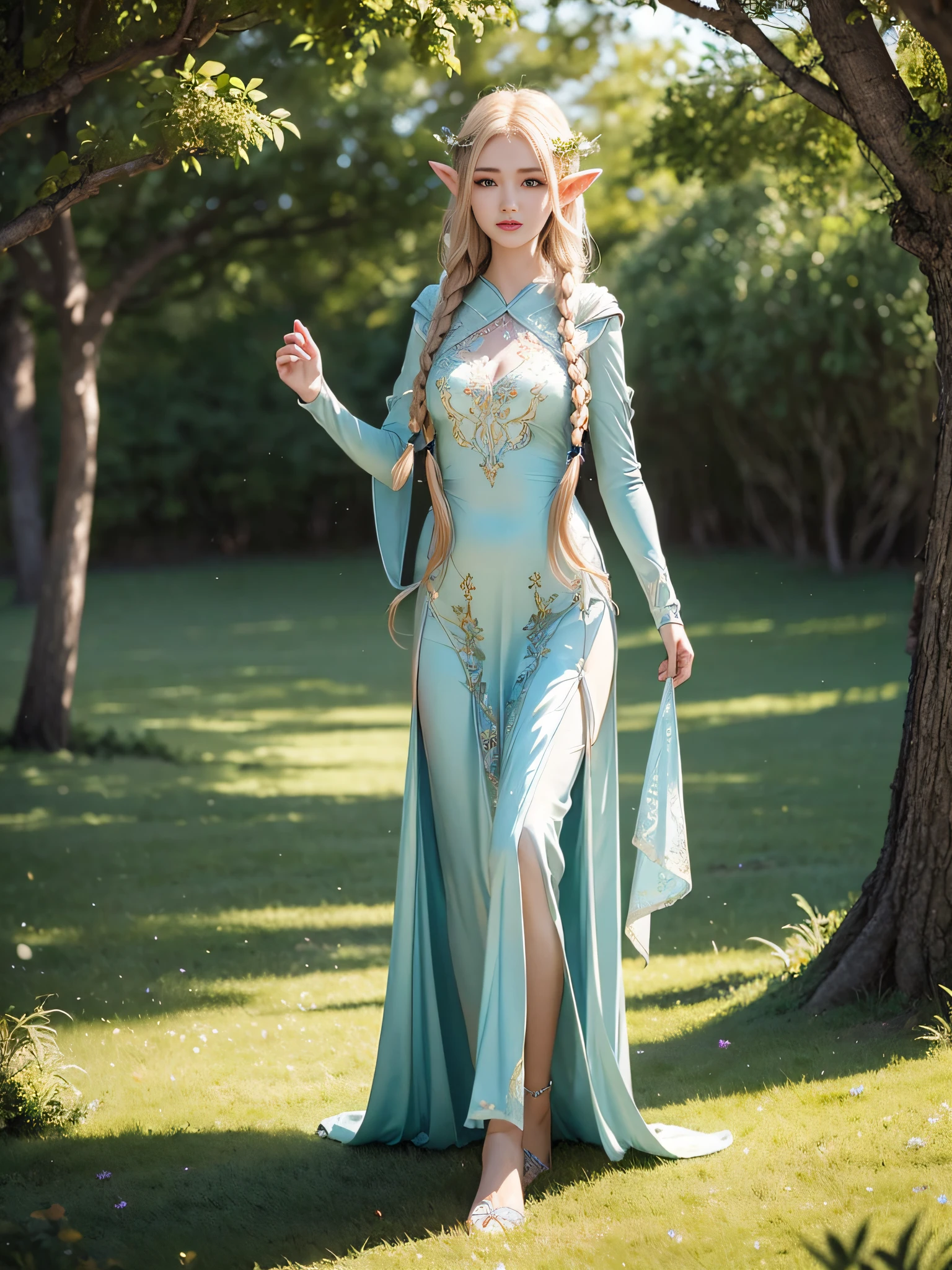Graceful elven girl standing in meadow, Delicate face illuminated by the soft light of the setting sun. Her long, Flowing hair runs down your back, Decorated with intricate braids、Adorned with sparkling gemstones. This great photo is、、、It captures the ethereal beauty of elves. Slender figure in silk dress、Swaying in the soft steppe breeze. Attention to detail、Face that is、Face that is、Face that is、Face that is、It is evident in the intricate patterns of the dress and the subtle highlights of the luminescence. skin. The breathtaking portrayal of the elven girl is、、、、、Create an enchanting atmosphere、It invites the viewer to a magical world.