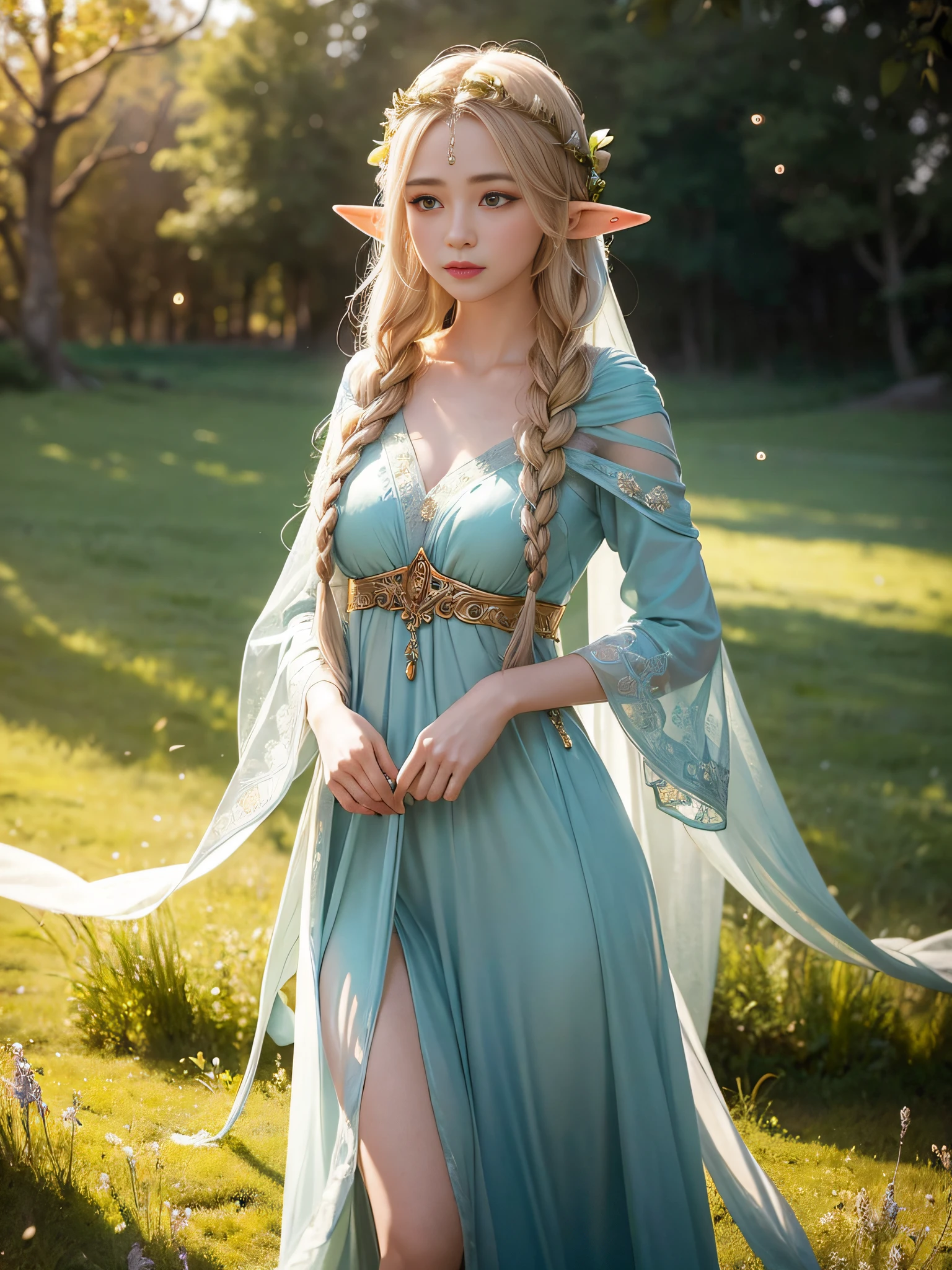 Graceful elven girl standing in meadow, Delicate face illuminated by the soft light of the setting sun. Her long, Flowing hair runs down your back, Decorated with intricate braids、Adorned with sparkling gemstones. This great photo is、、、It captures the ethereal beauty of elves. Slender figure in silk dress、Swaying in the soft steppe breeze. Attention to detail、Face that is、Face that is、Face that is、Face that is、It is evident in the intricate patterns of the dress and the subtle highlights of the luminescence. skin. The breathtaking portrayal of the elven girl is、、、、、Create an enchanting atmosphere、It invites the viewer to a magical world.