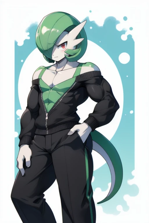 masterpiece, best quality, full body, Solo, male, (masculine), furry, pectorals, pectoral cleavage, muscular, sidepec, (wide hips), huge ass, ((Gardevoir)), ((pokemon)), (off-shoulder suit), (sweater crop top),