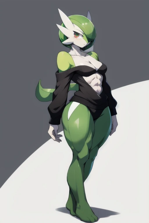 masterpiece, best quality, full body, Solo, male, (androgynous), furry, pectorals, pectoral cleavage, muscular, sidepec, (wide hips), huge ass, ((Gardevoir)), ((pokemon)), (off-shoulder suit), (sweater crop top),