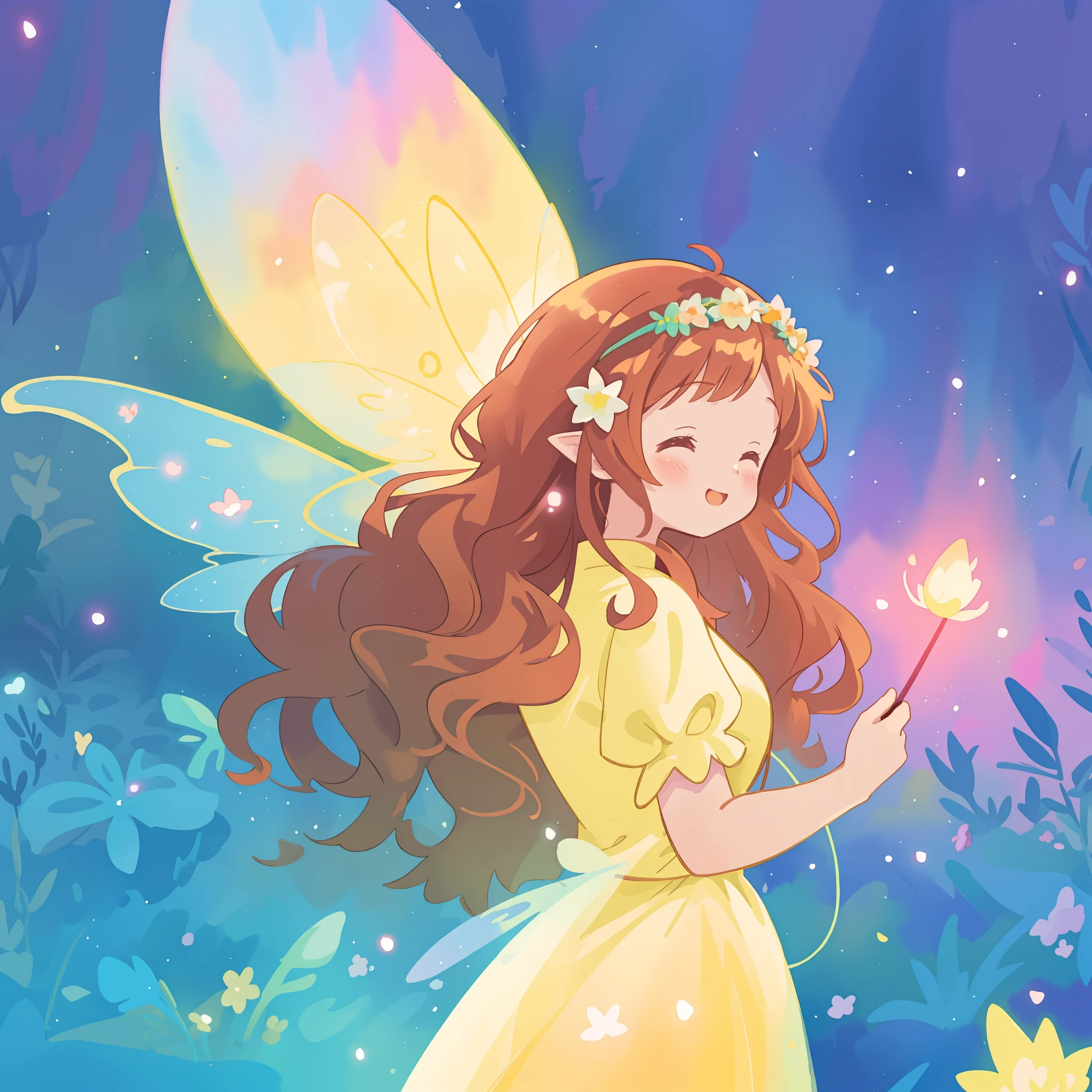 beautiful fairy girl in yellow puffy flowing dress, long curly brown hair, colorful flower crown on her head, colorful fantasia background, large glowing fairy wings, watercolor illustration, disney art style, glowing aura around her, glowing lights, beautiful digital illustration, fantasia otherworldly landscape plants flowers, beautiful, masterpiece, best quality, anime disney style, beautiful face, golden ratio, perfect composition
