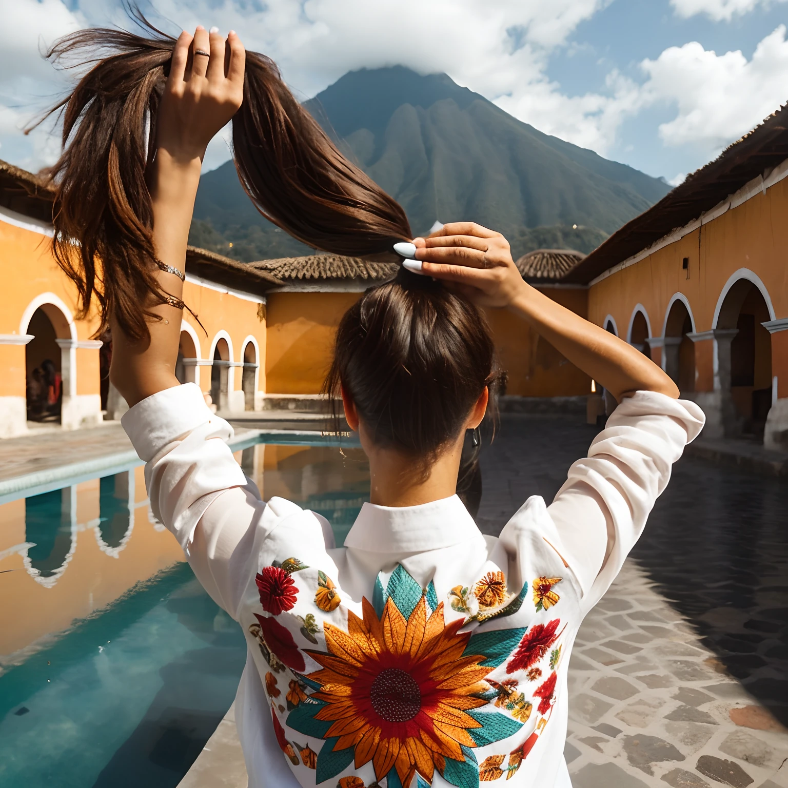 mujer de espaldas enfrente y de fondo tanque la union de la ciudad de antigua guatemala con pileta color rojo