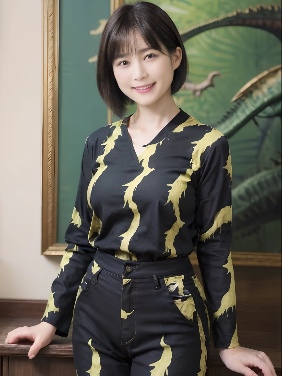 89
(a 20 yo woman,is standing), (A hyper-realistic), (masutepiece), ((short-hair:1.46)), (Smooth black hair), (Breast:1.0), (kindly smile), wear long pants, (Wearing a dinosaur print long-sleeved shirt), (Beautiful skin:1.5), (painterly、picture frame)