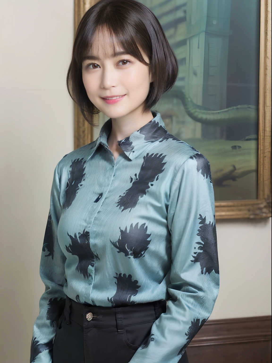 89
(a 20 yo woman,is standing), (A hyper-realistic), (masutepiece), ((short-hair:1.46)), (Smooth black hair), (Breast:1.0), (kindly smile), wear long pants, (Wearing a dinosaur print long-sleeved shirt), (Beautiful skin:1.5), (painterly、picture frame)