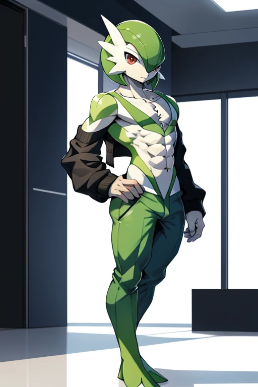 masterpiece, best quality, full body, Solo, male focus, (masculine), furry, pectorals, pectoral cleavage, muscular, sidepec, (wide hips), huge ass, ((Gardevoir)), ((pokemon)), (off-shoulder suit), (sweater crop top),