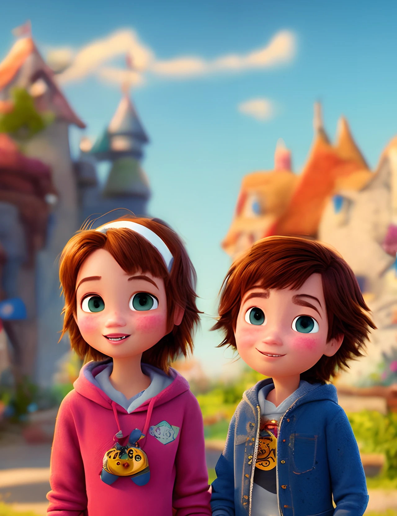 Create disney pixar inspired movie posters. the main focus is two people both female. one girl is wearing a black sweatshirt, she has short chinlength light brown hair worn in a bandana with two strands in front, she has grey eyes and is wearing eyeliner, she has freckles and fairly long eyelashes. the second girl is also wearing a black sweatshirt with short shoulder length shaggy light brown hair, hazel eyes and rosy cheeks. The scene should be in the distinct digital art style of Pixar. The movie title should be printed on the poster on the front. The poster is titled “Norman and Haylie“
