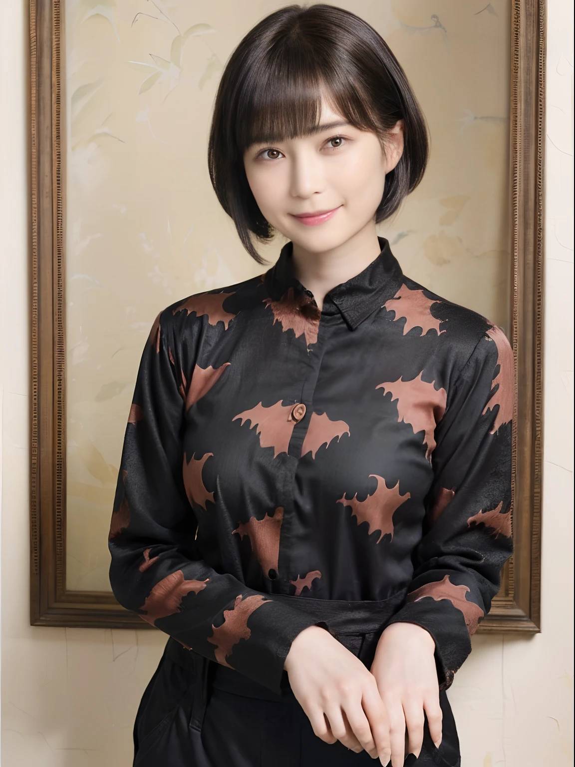 89
(a 20 yo woman,is standing), (A hyper-realistic), (masutepiece), ((short-hair:1.46)), (Smooth black hair), (Breast:1.0), (kindly smile), wear long pants, (Wearing a dinosaur print long-sleeved shirt), (Beautiful skin:1.5), (painterly、picture frame)