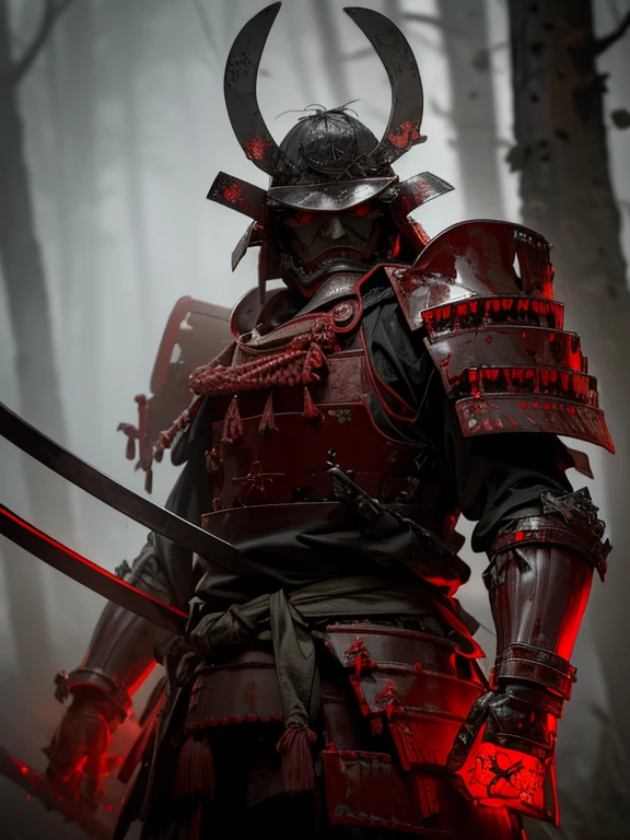 Fallen Samurai,embers,gloomy and creepy atmosphere,Red Samurai,dramatic  lighting,Cracked Red Armor, intricate details,A Lost Battle,Fading Glory,Ghostly Shadows,foggy background,Face under the mask,Majestic Helmet,A lonely figure,Rising smoke,Doomed Fate,Grim Ruins,Majestic Composition,Military Honor,desolation,Fire fighting,A sinister presence,Ash and smoke,Bloodstained Earth,worn-out armor,determination,Glyph of Courage,The End of the Samurai Era,A devastated battlefield, Standing in the middle of the battlefield [Muted color palette],[subdued tones],[Intrusive atmosphere:0.9]