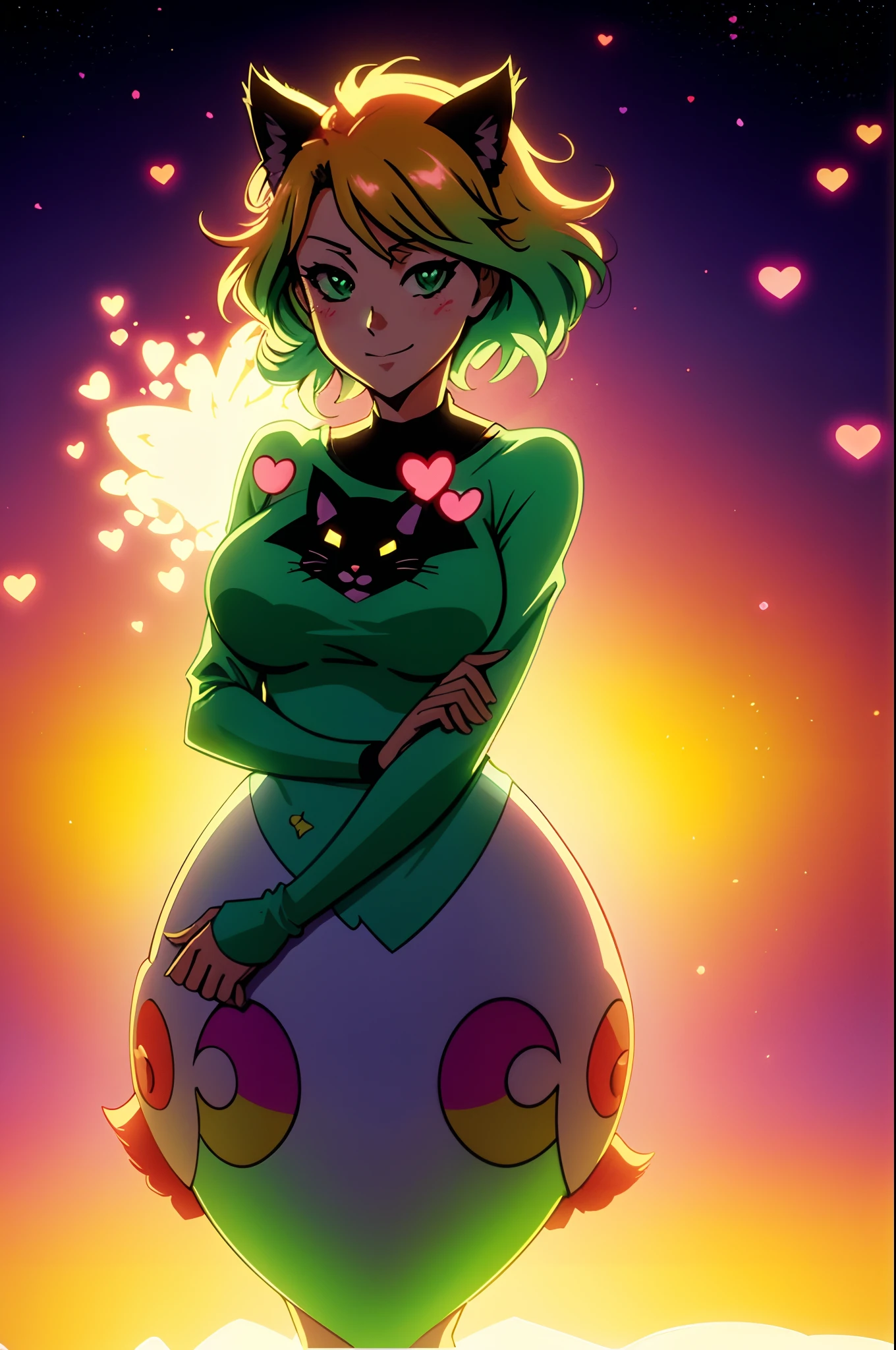 1980s anime milf,kawaii,cartoonish female,Arizona green tea color palette,cat/foxgirl,petals,hearts,slight smile,full body,floating,star background,particles,spectral,glowing,2.5D,rainbow,(silhouette lighting:1.3),backlighting