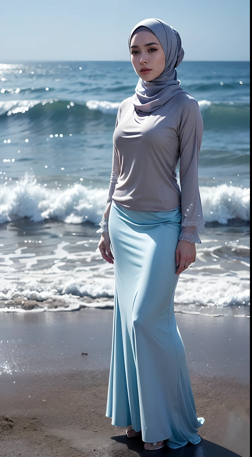 RAW, Best quality, high resolution, Masterpiece: 1.3), Beautiful Malay woman in hijab, Masterpiece, Perfect slim body,(full bodyesbian:1.3),(Walk in the forest:1.2),(Long legs:1.5),Beautiful big eyes, watery eyes, Soft smile, wet lips, big breast, a simple diamond necklace, ((closed clothes), ((modest clothes)),((full body:1.2)),blurred background, bokehskindentation:1.5), Realistic, Photorealistic, (masterpiece:1.5), concept art, intricate details, highly detailed, photorealistic, octane render, 8k, unreal engine, dynamic pose, best quality, highres, (realistic face:1.1), (hyperrealistic:1.1), ((full_body)), perfect eyes,(shiny skin:1.2), (((hairstyle))), (((perfect hands))), (extremely detailed background), ((dynamic background)), ((lightning)), (light rays), ((1girl)), 8k, dramatic angle, (fluttered detailed color splashs), (illustration), (((1 girl))), (rain:0.9), Hanfu, cheongsam, air accessories, colored ink drawing, (sketching:0.8), (denoising:0.6), [splash ink], ((ink refraction)), (beautiful detailed sky), background bokeh, beach, ((huge wave)), (masterpiece, best quality, extremely detailed), ((wearing pale blue fluffy dress)), (((long skirt))), (((long sleeves))), white boots, water magic, ((full body)), battle action