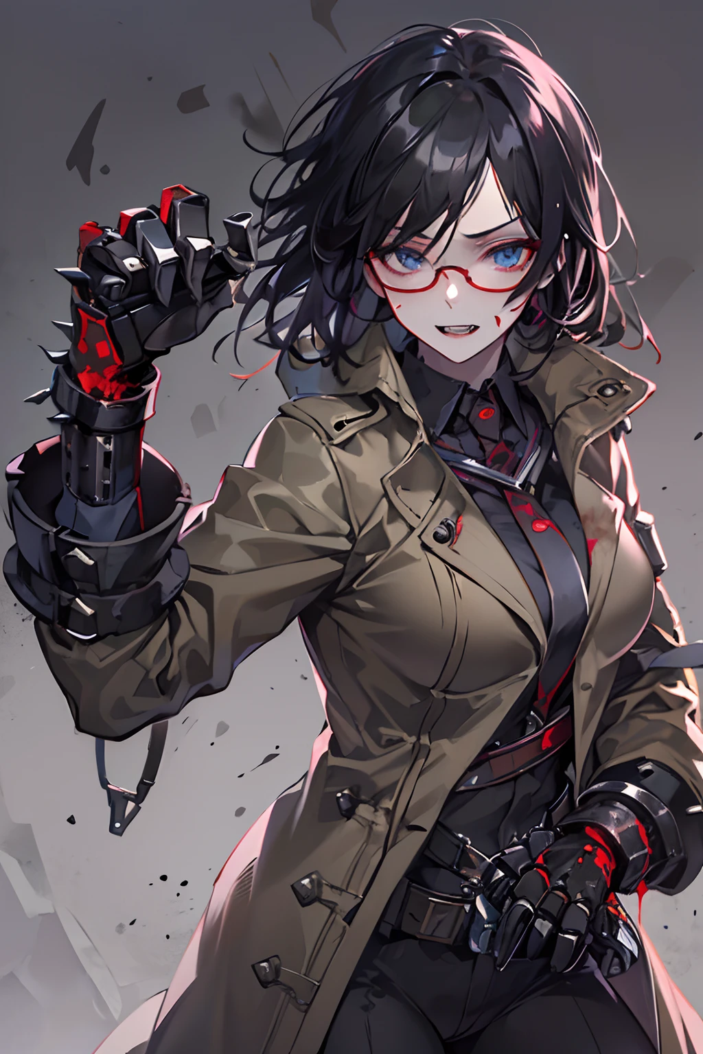 (High resolution, best quality, masterpiece) 1female, physically fit, curvy, slender body, pale skin, fierce expression, dark eyes, (detailed eyes), sharpened fangs, black hair, medium length hair, full body, staring down, dark aura surrounding him, (topwear: trench coat, handwear: giant mechanical gauntlets, bottomswear: pants))), blooding dripping, glasses on the top of her head, dark tinted glasses, grinning, hunting, fists clenched, ((detailed hands)), hand at her side, cocky expression