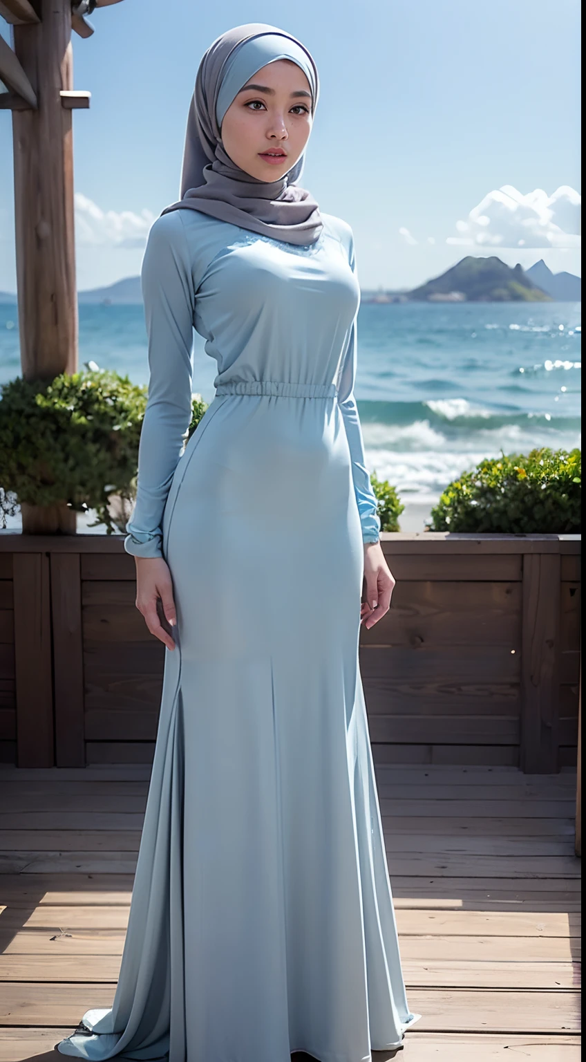 RAW, Best quality, high resolution, Masterpiece: 1.3), Beautiful Malay woman in hijab, Masterpiece, Perfect slim body,(full bodyesbian:1.3),(Walk in the forest:1.2),(Long legs:1.5),Beautiful big eyes, watery eyes, Soft smile, wet lips, big breast, a simple diamond necklace, ((closed clothes), ((modest clothes)),((full body:1.2)),blurred background, bokehskindentation:1.5), Realistic, Photorealistic, (masterpiece:1.5), concept art, intricate details, highly detailed, photorealistic, octane render, 8k, unreal engine, dynamic pose, best quality, highres, (realistic face:1.1), (hyperrealistic:1.1), ((full_body)), perfect eyes,(shiny skin:1.2), (((hairstyle))), (((perfect hands))), (extremely detailed background), ((dynamic background)), ((lightning)), (light rays), ((1girl)), 8k, dramatic angle, (fluttered detailed color splashs), (illustration), (((1 girl))), (rain:0.9), Hanfu, cheongsam, air accessories, colored ink drawing, (sketching:0.8), (denoising:0.6), [splash ink], ((ink refraction)), (beautiful detailed sky), background bokeh, beach, ((huge wave)), (masterpiece, best quality, extremely detailed), ((wearing pale blue fluffy dress)), (((long skirt))), (((long sleeves))), white boots, water magic, ((full body)), battle action