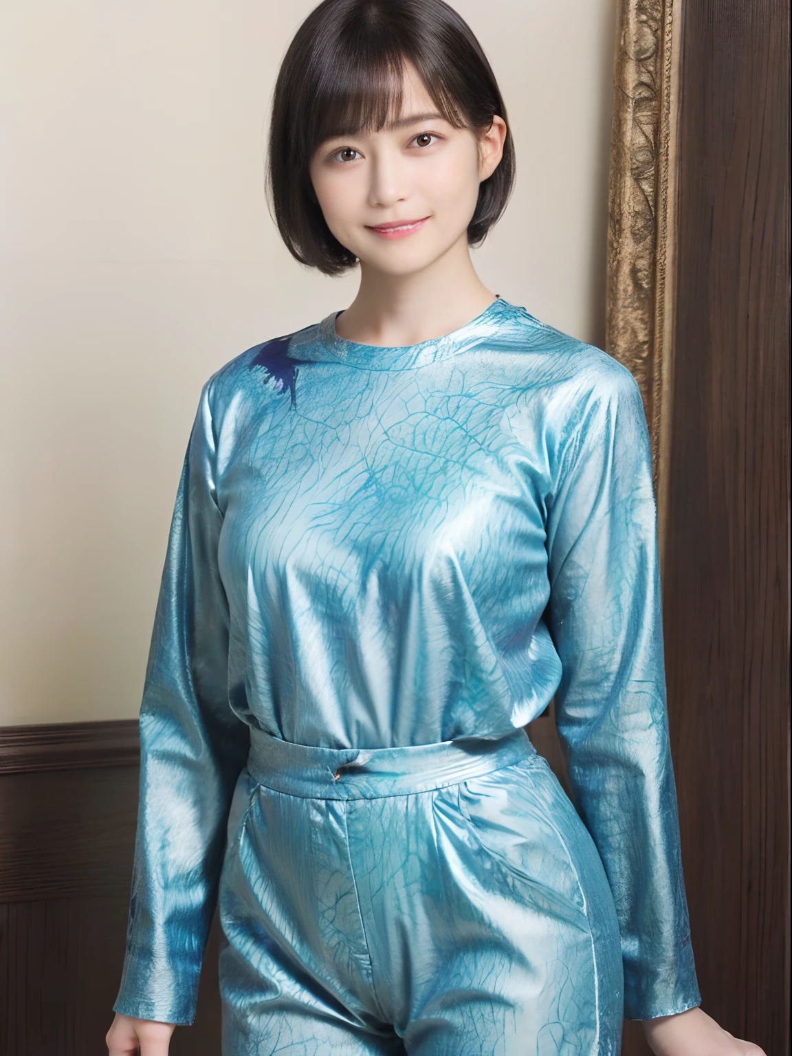 89
(a 20 yo woman,is standing), (A hyper-realistic), (masutepiece), ((short-hair:1.46)), (Smooth black hair), (Breast:1.0), (kindly smile), wear long pants, (Wearing a dinosaur print long-sleeved shirt), (Beautiful skin:1.5), (painterly、picture frame)