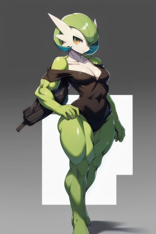 masterpiece, best quality, full body, Solo, male focus, (androgynous), furry, pectorals, pectoral cleavage, muscular, sidepec, (wide hips), huge ass, ((Gardevoir)), ((pokemon)), (off-shoulder suit), (sweater crop top),