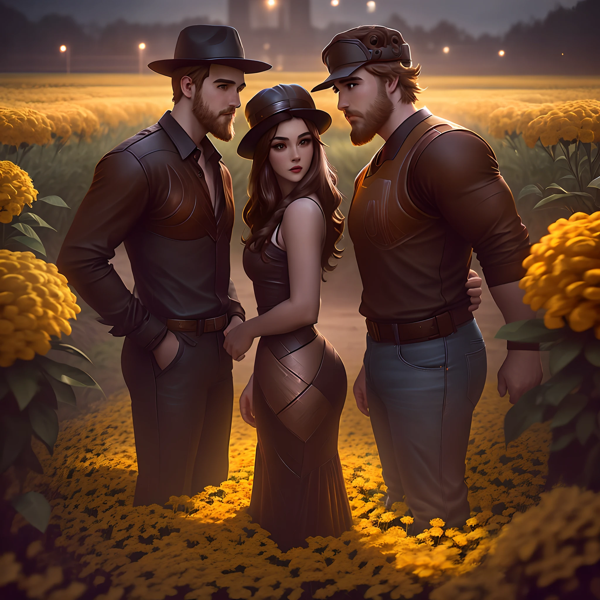Pixar character, A couple standing outside taking a selfie in a field of marigolds, night time, woman has long dark brown hair with thin bangs , man is standing on the right side of women, man has raiders logo white hat, man has trimmed brown beard, both are wearing orange brown black flannels, woman has big light brown glossy lips