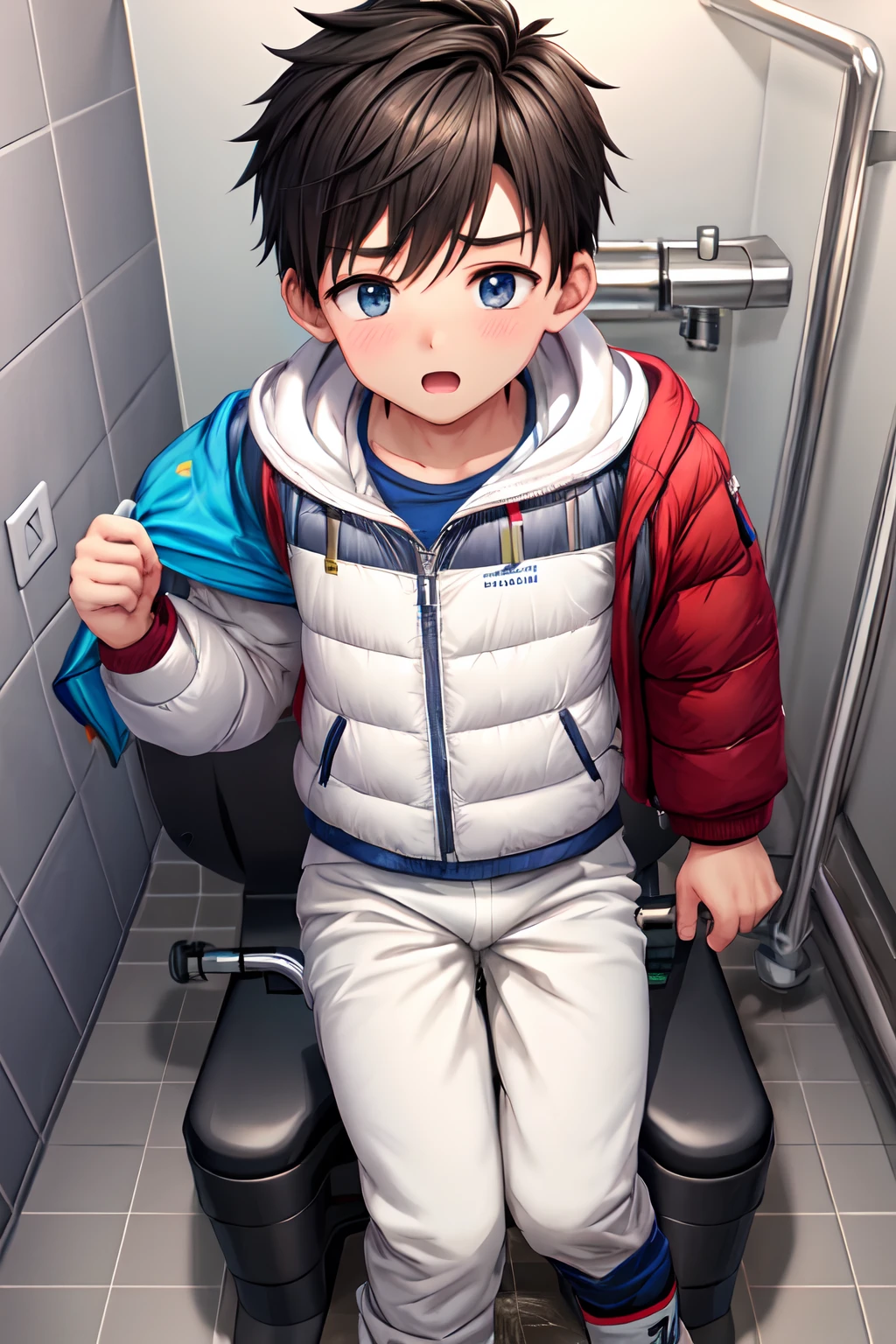 The boy in the toilet is wearing a down jacket and plain white briefs,Shameful urinary incontinence