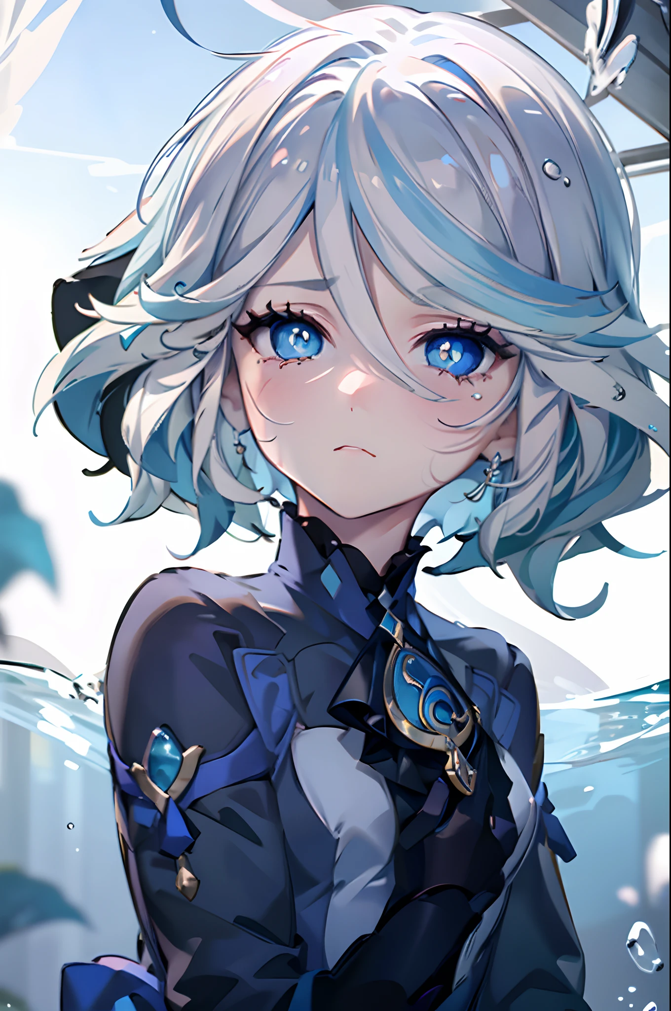 masterpiece, best quality, 1girl, furina, genshin impact, white hair, blue hair, cute, tear shaped pupils, sad, cry,  underwater, bubbles, sea, submerged, abandoned city