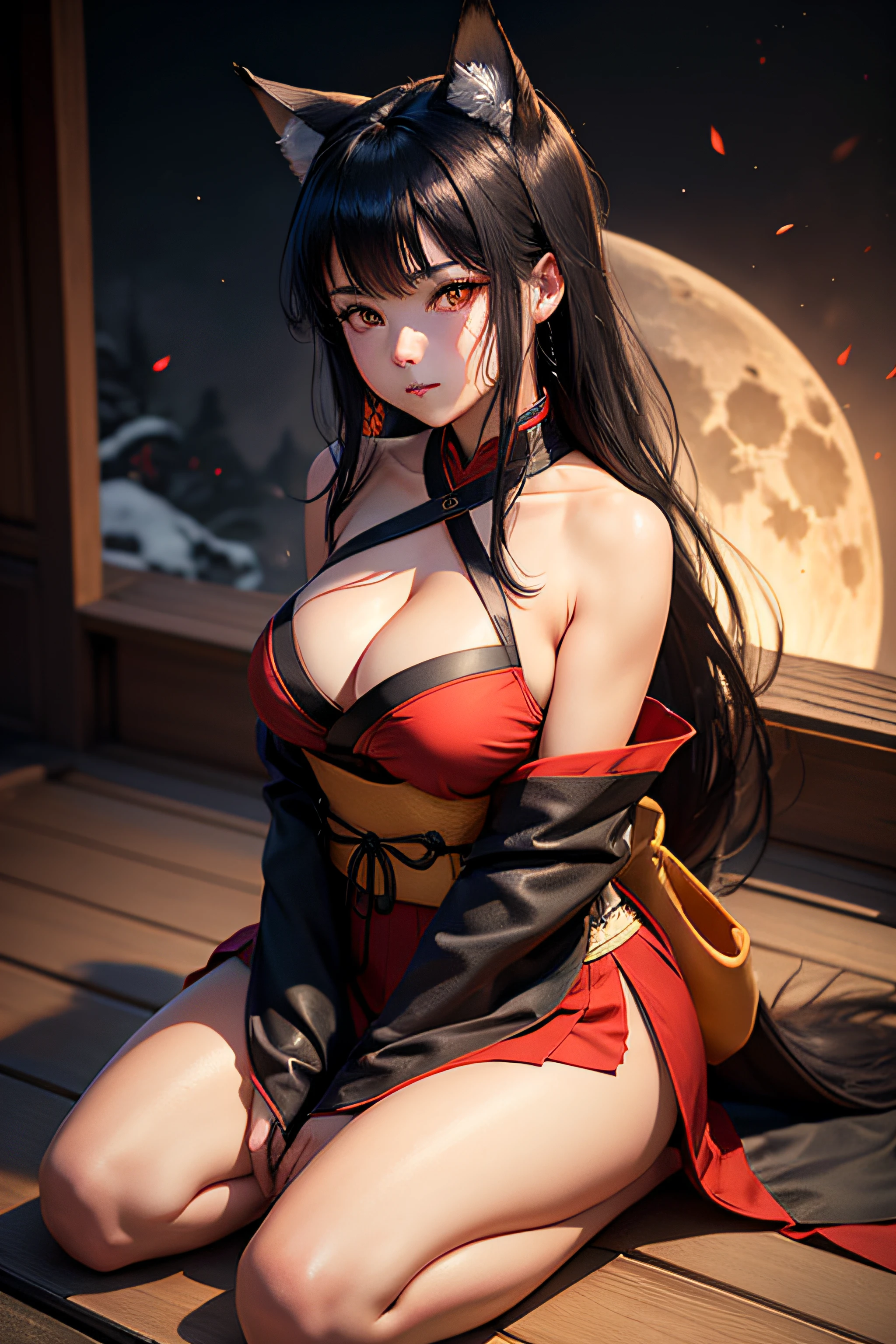 Depth of field, A very beautiful cute kunoichi samurai girl posing sitting on her knees on the top roof of the asian house, putting her hands between her legs, an embarrassed fox-like face, Her face red with embarrassment, Black-red mini skirted traditional lacy kimono that begins below the shoulders, Plump chest fork cleavage, Pentyhose, Cat Ears, Long Black Hair, One red and yellow fox eyes, tearful eyes, curvy legs, full breasts, thin waist, full moon beautiful dark background, beautiful shiny skin, side profile, full body posing.