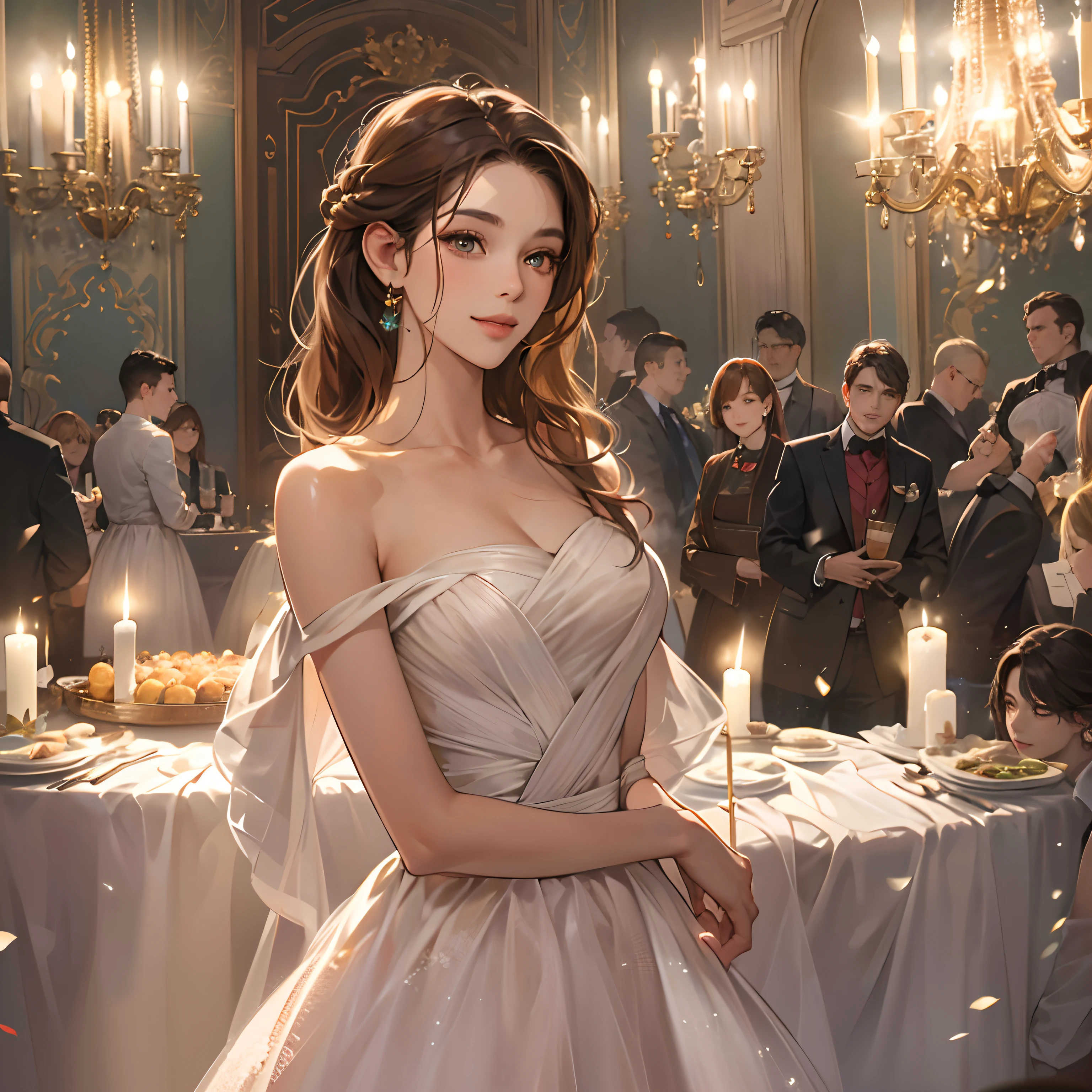 Masterpiece, (High quality1.4), Best quality, HD, (Realistic1.4), Perfect lighting, Detailed body,(Birthday Dinner 1.5), The heroine has long chestnut hair, white dresses,With a smile,Center of stage,Embrace a man。