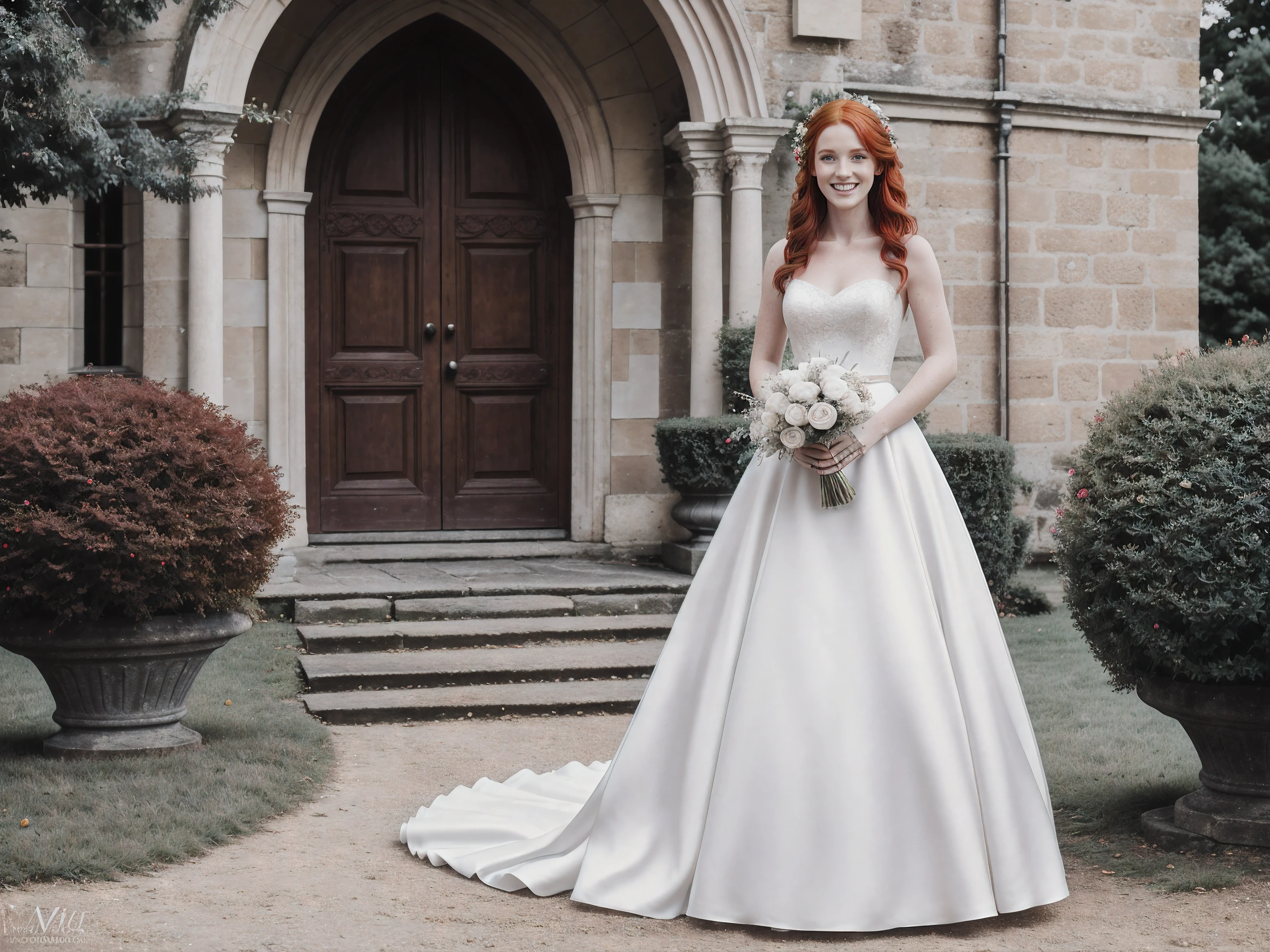 (full body shot editorial photo of 27 yo woman, red hair, slim French sweetheart), wearing a wedding dress, holding flowers, looking really happy, Blurred background in the grounds outside a church, high quality, good lighting, f1.2, Canon 85mm, perfect, detailed dress, white wedding dress, detailed sticking.
