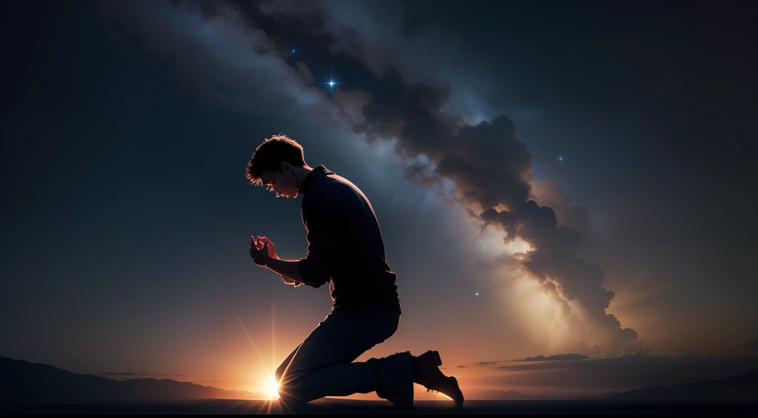 Create an image of a silhouette of a man kneeling in prayer, with your hands clasped together and your head tilted slightly forward. The scene should be at night, with the silhouette highlighted against a starry sky. A luz da lua ou das estrelas deve iluminar suavemente o homem, criando uma atmosfera serena e espiritual.
