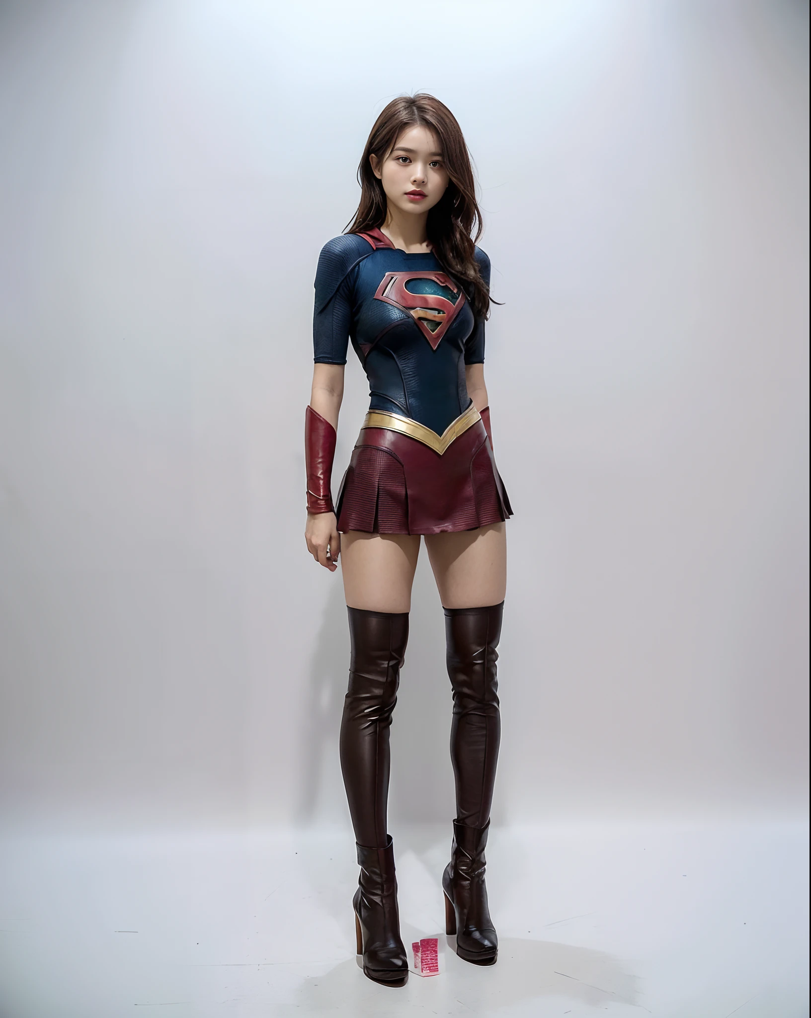 No background、(((Beautiful legs in black tights.)))、(((Legally express the beauty of your smile)))、((((Make the most of your original images)))、(((Supergirl Costume)))、(((Beautiful Hair)))、(((suffering)))、(((Please wear black tights....、Wear red boots)))、((Best image quality、8k))、((Highest quality、8k、masterpiece:1.3))、(((Preserve background )))、Sharp focus:1.2、Beautiful woman with perfect figure:1.4、Slim Abs:1.2、Wet body:1.5、Highly detailed face and skin texture、8k