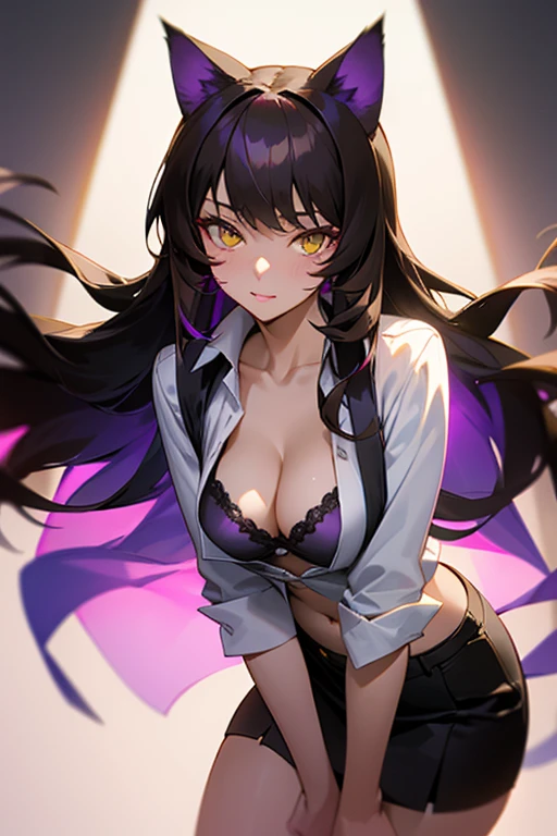 black hair, long hair, black cat ears, white shirt, open buttons, bra, cleavage, breasts, leaning forward, light brown skirt, smooth lighting, bright colors, exposed midriff, open shirt, lewd, flirty, teasing, thighs, exposed bra, looking at viewer, exposed cleavage