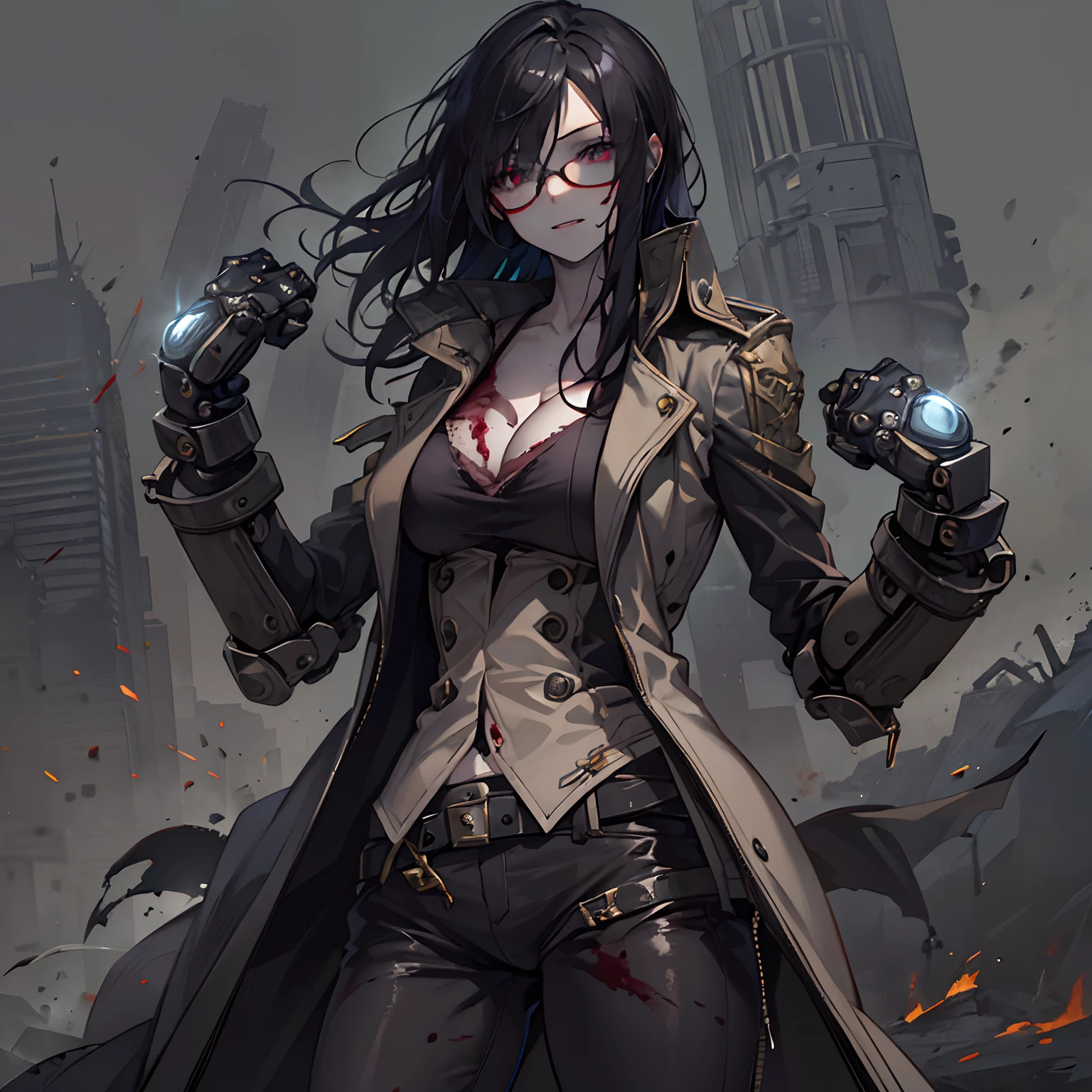 (High resolution, best quality, masterpiece) 1female, physically fit, curvy, slender body, pale skin, fierce expression, dark eyes, (detailed eyes), sharpened fangs, black hair, medium length hair, full body, staring down, dark aura surrounding him, (topwear: trench coat, handwear: giant mechanical gauntlets, bottomswear: pants))), blooding dripping, glasses on the top of her head, dark tinted glasses, grinning, hunting, fists clenched, ((detailed hands)), hand at her side, cocky expression