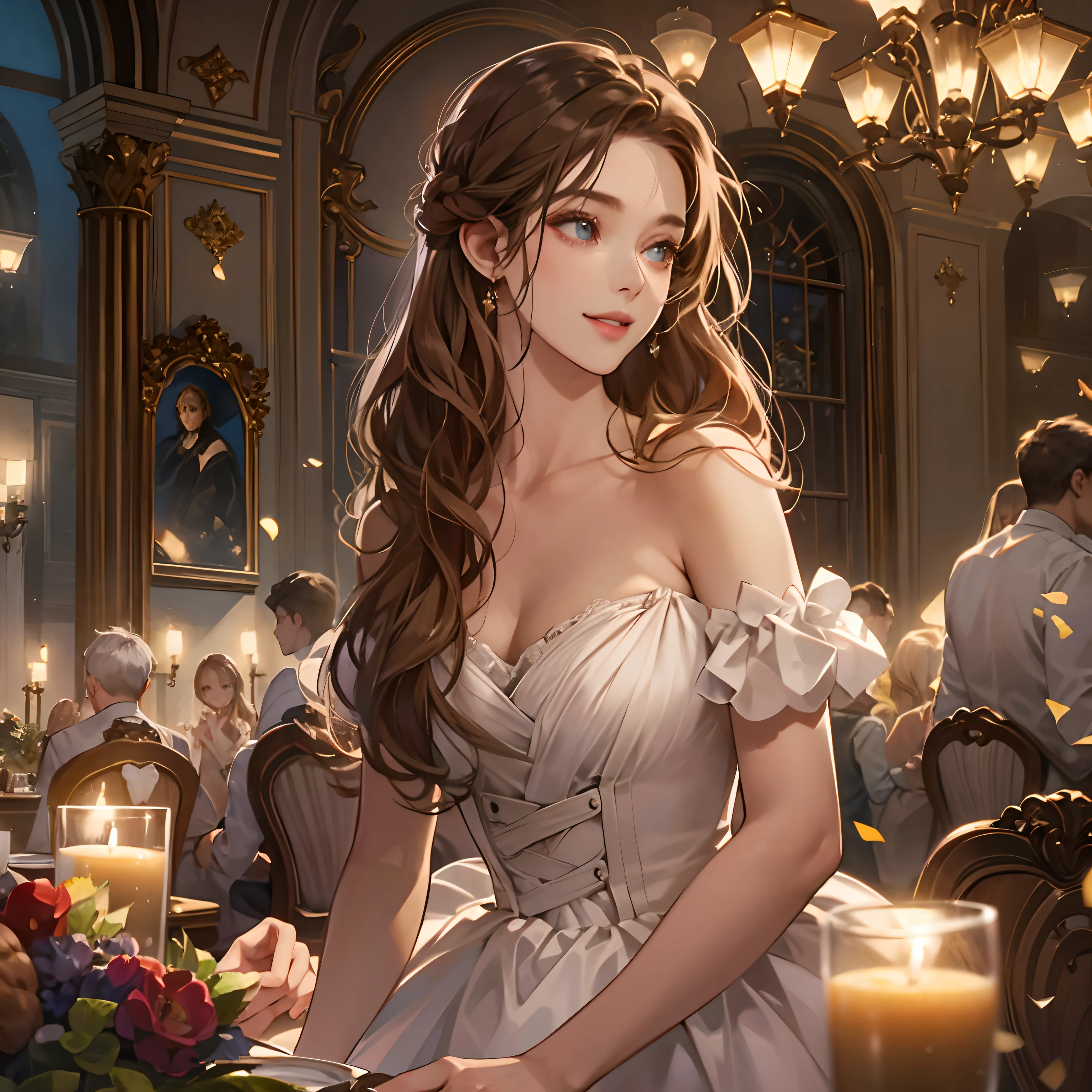 Masterpiece, (High quality1.4), Best quality, HD, (Realistic1.4), Perfect lighting, Detailed body,（Birthday Dinner 1.5）,  The heroine has long chestnut hair, white dresses，With a smile，Center of stage，Embrace a man。
