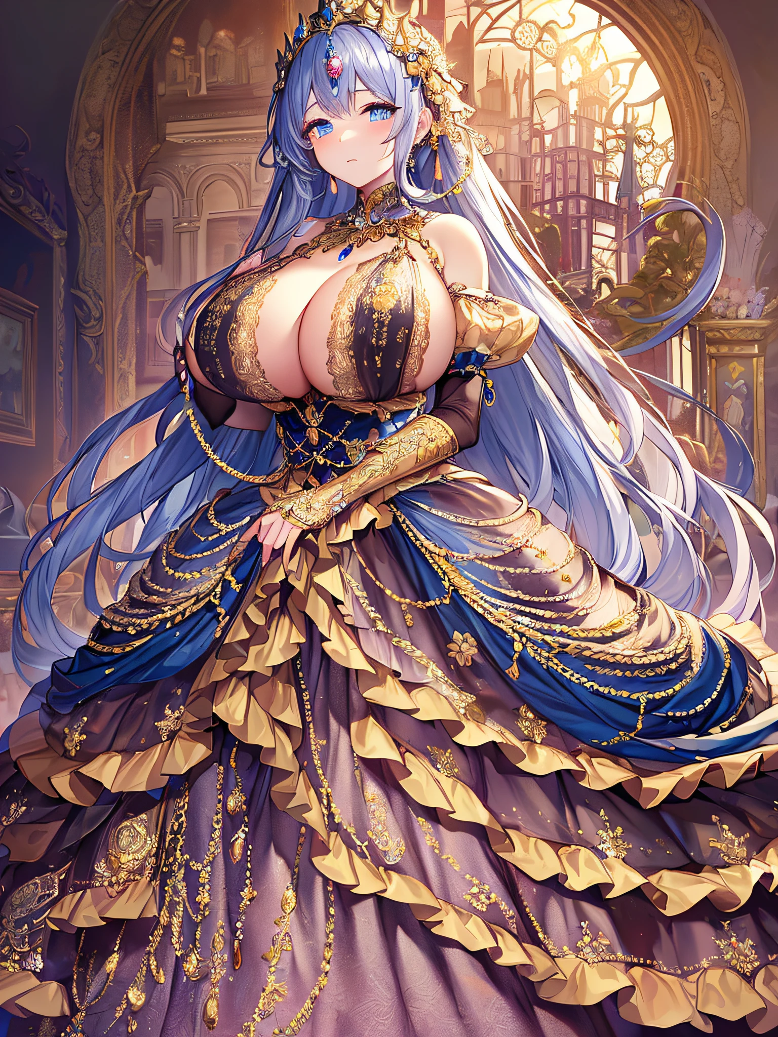 anime artstyle,Masterpiece,Best Quality,Super Detail,Very Delicate and Beautiful,Solo,full body,full body portrait,((1 princess in a jeweled rococo ball gown with beautiful embroidery)),((fantasy castle,outdoor)),((crinoline,long train)),super detailed gorgeous princess ballgown with voluminous full length hoop skirt,gorgeous princess rococo ballgown with big bows,gorgeous princess rococo ballgown with big bows,gorgeous princess rococo ballgown with beautiful embroidery and jeweled,(detailed face and eyes),jewel-like eyes,((large amount of straight hair,extremely voluminous Very Long Hair,Absolutely Long Straight Hair)),((((very gigantic boobs)),cleavage,Skindentation,extremely gorgeousfull hair ornament,bling-bling extremely gorgeousfull jeweled tiara,luxurious jewelry,full body
