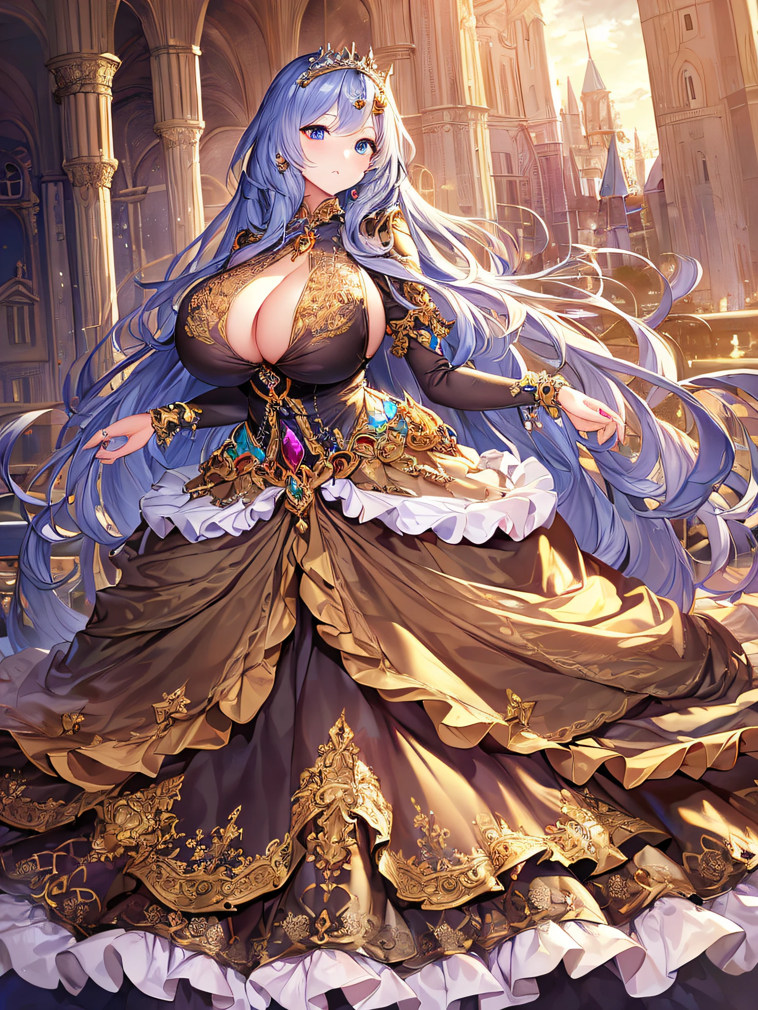 anime artstyle,Masterpiece,Best Quality,Super Detail,Very Delicate and Beautiful,Solo,full body,full body portrait,((1 princess in a jeweled rococo ball gown with beautiful embroidery)),((fantasy castle,outdoor)),((crinoline,long train)),super detailed gorgeous princess ballgown with voluminous full length hoop skirt,gorgeous princess rococo ballgown with big bows,gorgeous princess rococo ballgown with big bows,gorgeous princess rococo ballgown with beautiful embroidery and jeweled,(detailed face and eyes),jewel-like eyes,((large amount of straight hair,extremely voluminous Very Long Hair,Absolutely Long Straight Hair)),((((very gigantic boobs)),cleavage,Skindentation,extremely gorgeousfull hair ornament,bling-bling extremely gorgeousfull jeweled tiara,luxurious jewelry,full body