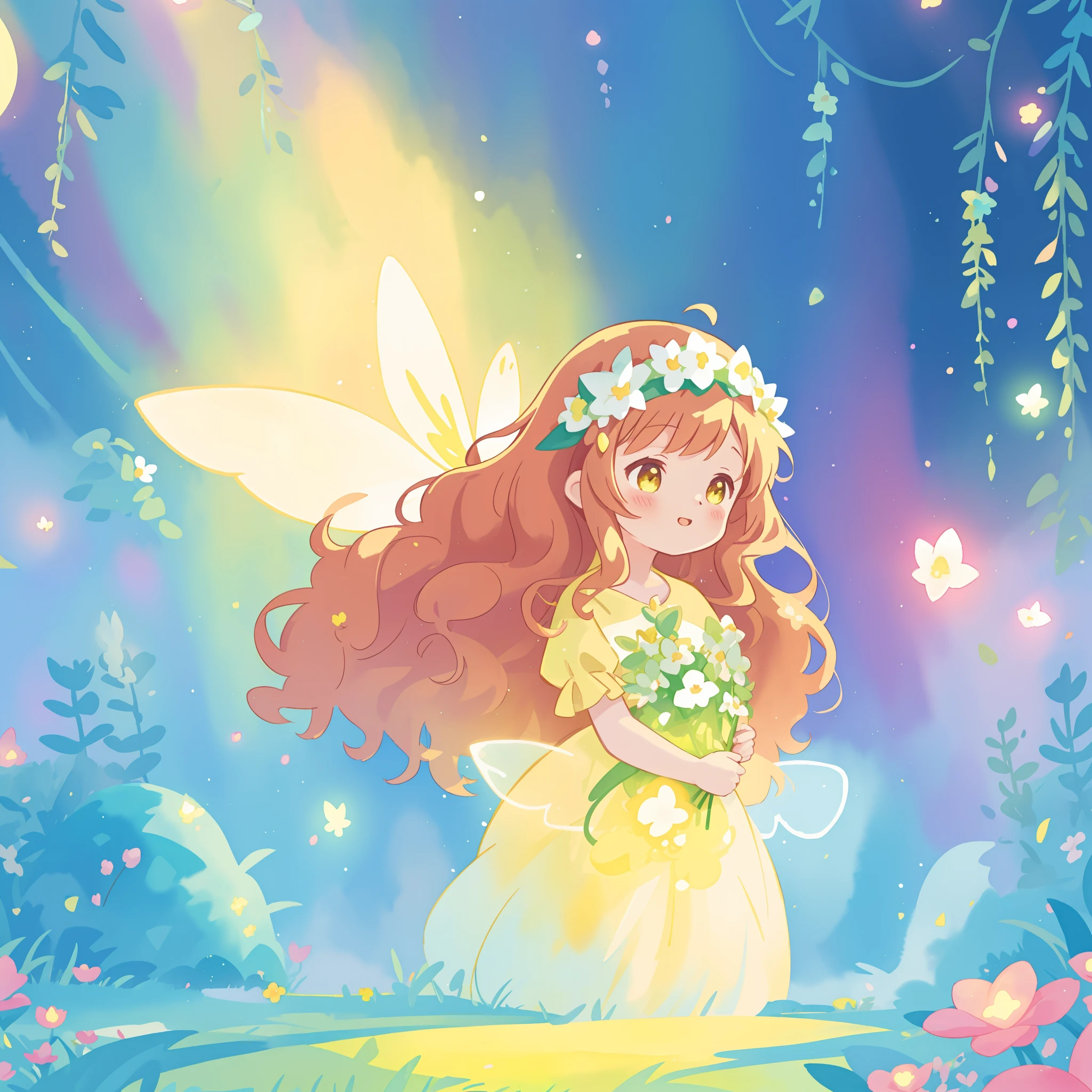 beautiful fairy girl in yellow puffy flowing dress, long curly brown hair, colorful flower crown on her head, colorful fantasia background, large glowing fairy wings, watercolor illustration, disney art style, glowing aura around her, glowing lights, beautiful digital illustration, fantasia otherworldly landscape plants flowers, beautiful, masterpiece, best quality, anime disney style, beautiful face, golden ratio, perfect composition