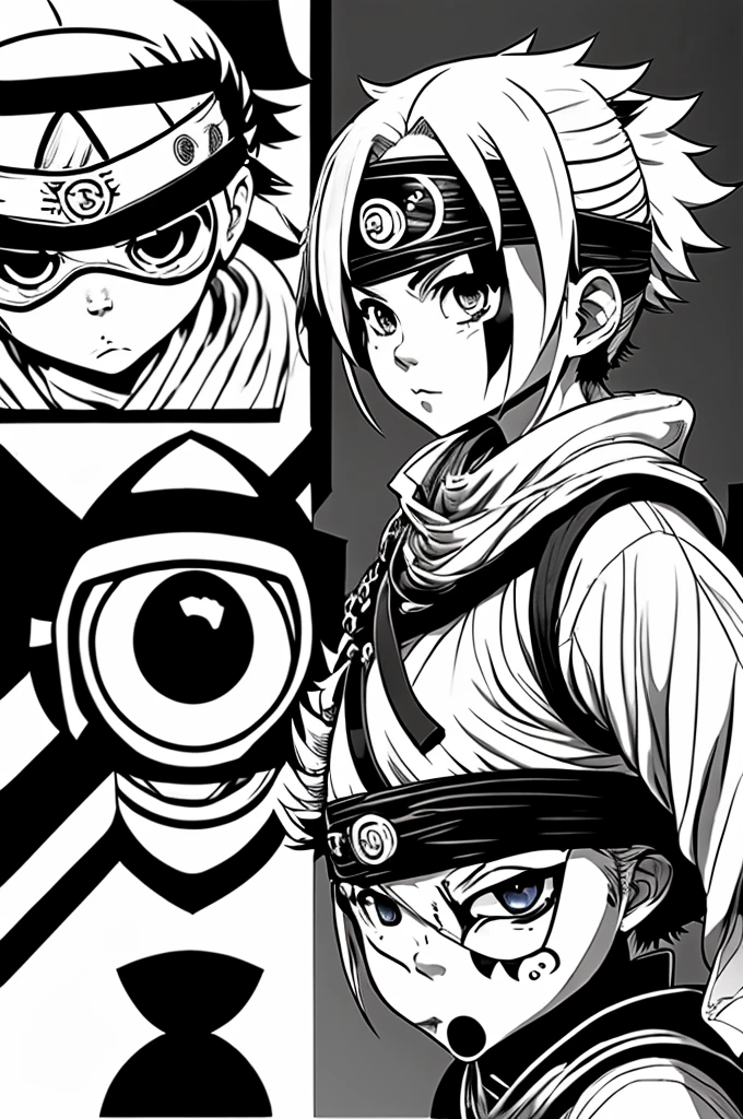 Generate images of a Ninja tool dōjutsu eye patch, that's warned on the head as a eye patch, from the series Boruto next generation, show the Ninja tool dōjutsu eye patch covering a jonin level ninja's right eye as it glows and changes into the dōjutsu, 4K, manga comic book, Ninja, Jonin, 8k, manga comic, Scarlett Johansson