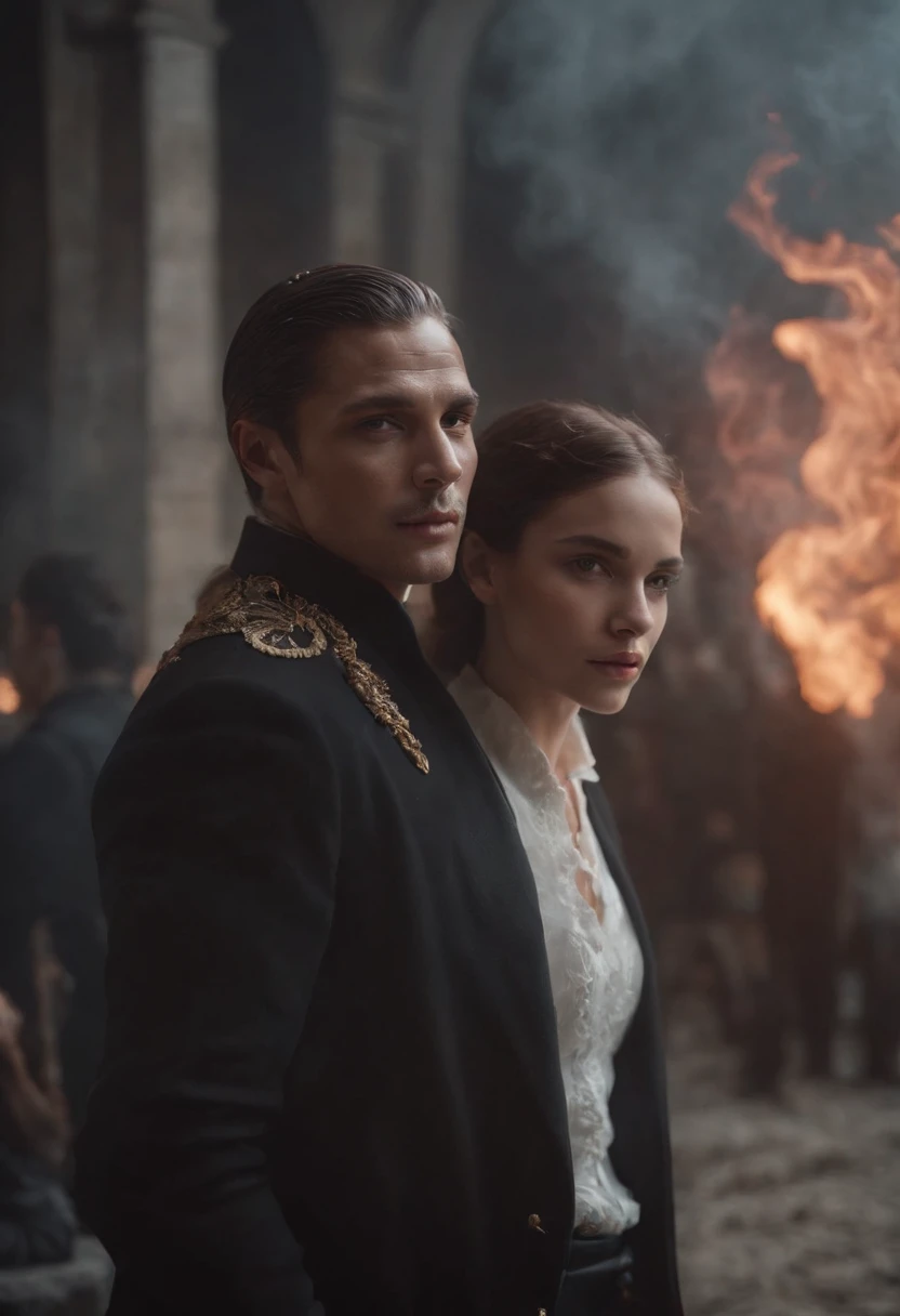 ethereal photo of elegant man, Brazilian nationality, tanned skin, women in the background, Atoms hovering in the air, emerging from swirls of smoke and red and black vapors, Peter Lindbergh style, masterpiece of complex art, foreboding, golden ratio, Trend in CGSeteration, intricate, epic, trending on artgerm's ArtStation, highly detailed and vibrant production cinematic character rendering, very high quality model
