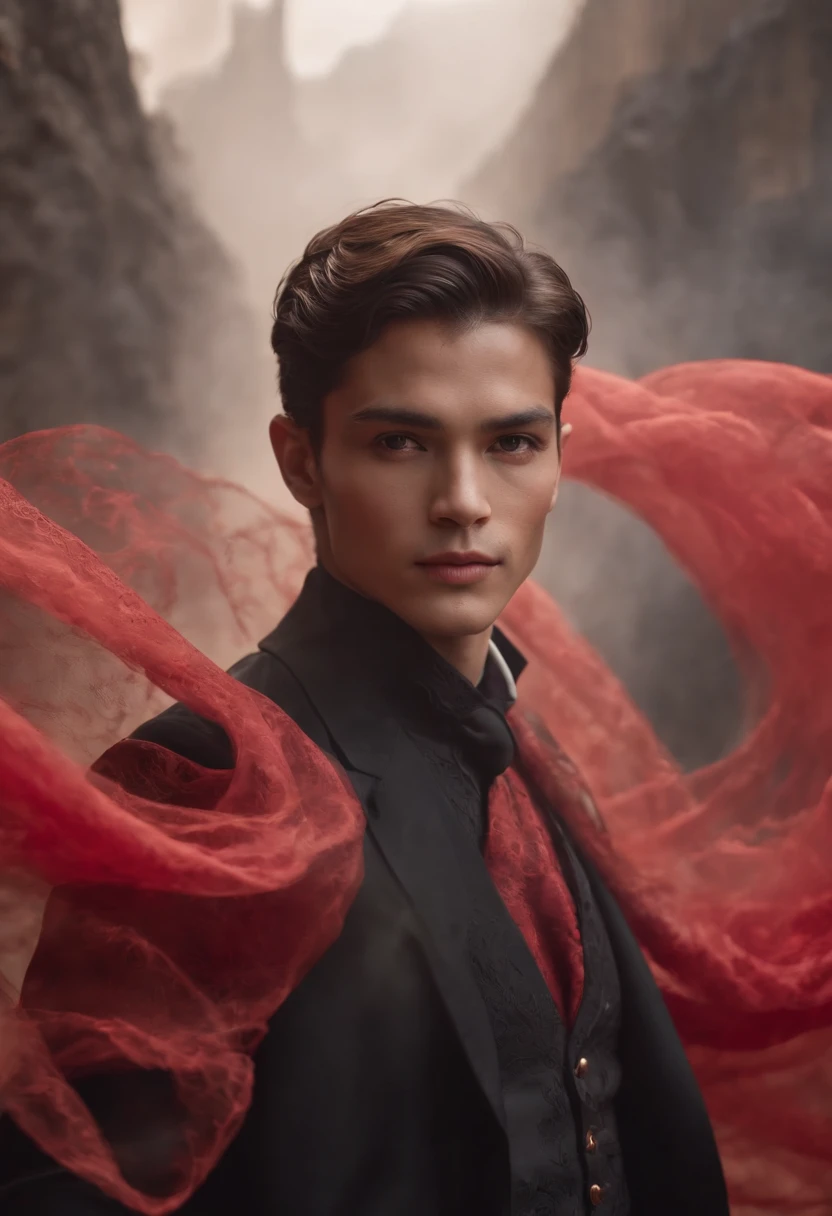 ethereal photo of elegant man, Brazilian nationality, tanned skin, women in the background, Atoms hovering in the air, emerging from swirls of smoke and red and black vapors, Peter Lindbergh style, masterpiece of complex art, foreboding, golden ratio, Trend in CGSeteration, intricate, epic, trending on artgerm's ArtStation, highly detailed and vibrant production cinematic character rendering, very high quality model