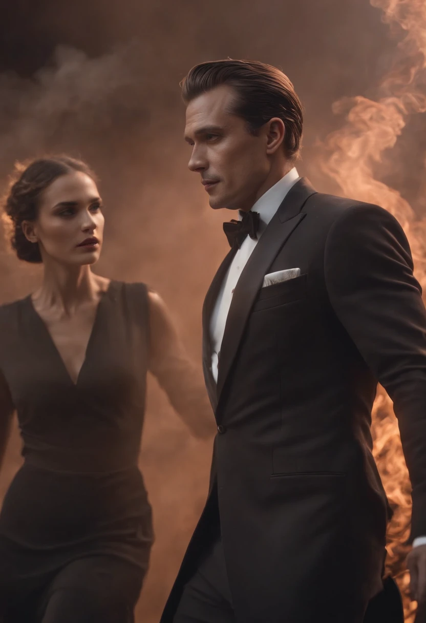 ethereal photo of elegant man, Brazilian nationality, tanned skin, women in the background, Atoms hovering in the air, emerging from swirls of smoke and red and black vapors, Peter Lindbergh style, masterpiece of complex art, foreboding, golden ratio, Trend in CGSeteration, intricate, epic, trending on artgerm's ArtStation, highly detailed and vibrant production cinematic character rendering, very high quality model