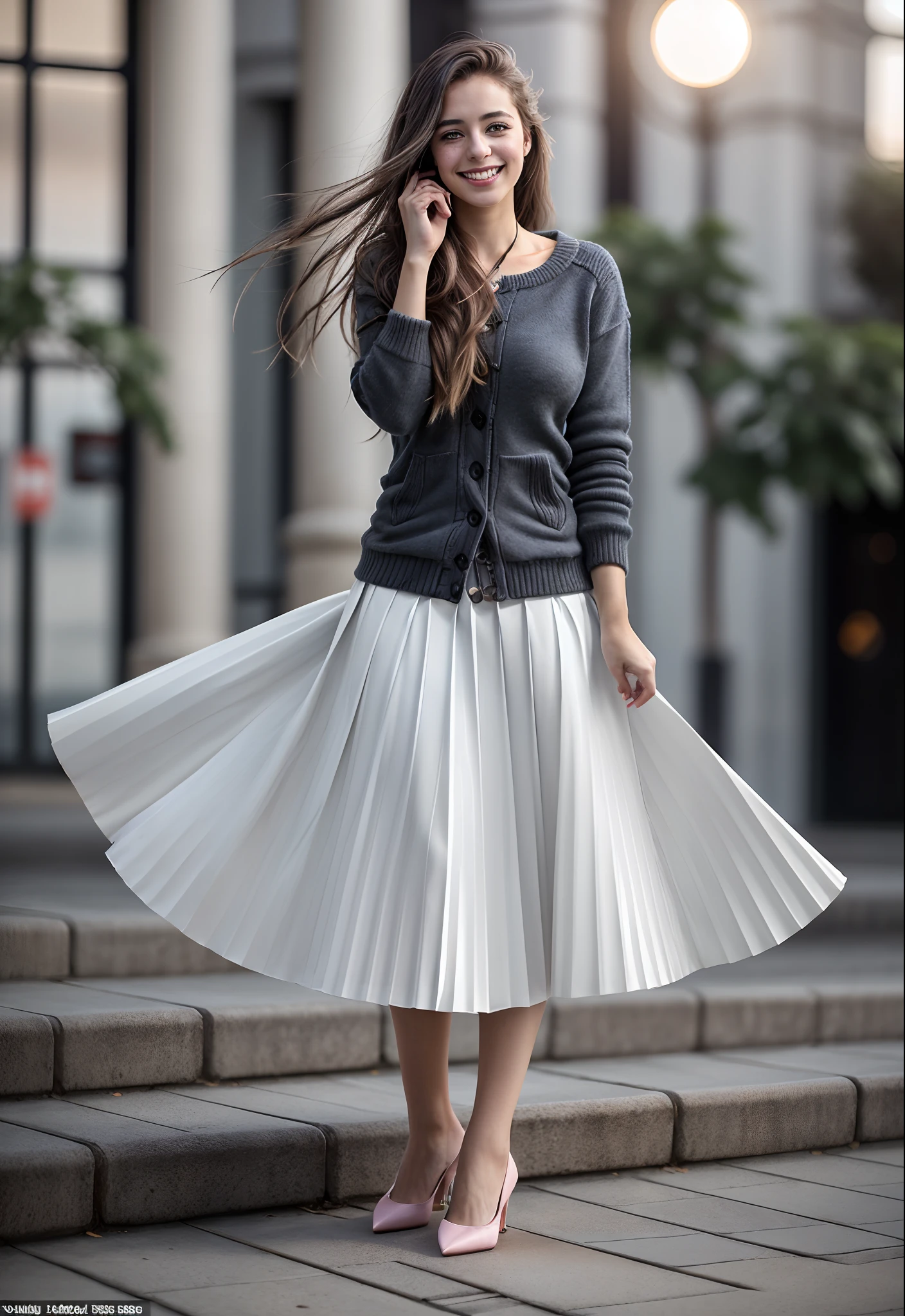 (shy:1,6) (smiling;1,1) flirty girly girl playing with skirt, dancing, wearing short blazer and very very detailed (long (fully pleated) full circle skirt) and (simple) low heeled office shoes, very very intricate hyper-detailed symmetric (attractive graceful young feminine face) with (sad, tired eyes and a shy smile), large breasts, full of empathy and compassion and love, (pronounced (feminine) features), (highly detailed ultra accurate realistic) hands and fingers, (windy conditions and wind blowing), epic composition, highly detailed attributes, highly detailed space station background, (35mm f1.4 Kodak portra 400 photograph), extremely high quality RAW photograph,