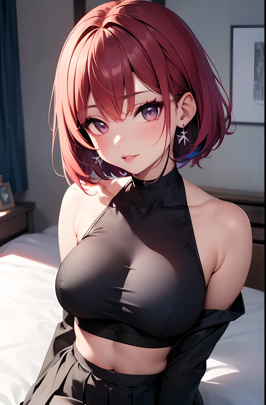 (masterpiece), (portrait), big breasts (aesthetics), ((1 female 21 years old)), Highlight earrings), ((Short hair)), ((Hot magenta hair)), Wavy hair, thin eyes open, brown eyes, cute, female, woman, feminine, beautiful, female features, top, high quality, aesthetic clothing, professional angle, (rule of thirds), (feminine), (feminine), (feminine), (beautiful) , (female ) features), solo, (Korean attractive), summer, (ink haze), (afternoon), (vibrant light), seductive posture, ((face looking forward))), long-sleeved simple hip off shoulder hop blouse short pleated skirt ((Energy)), (Bold Makeup), (Big Breasts), Fair Skin, (Clothes with Hip Hop Details), (Crop Top), (Sleep Neckline), Beautiful Hands, Body beautiful, beautiful ears, normal ears, beautiful eyes, bright eyes, beautiful mouth, beautiful lips, sideways