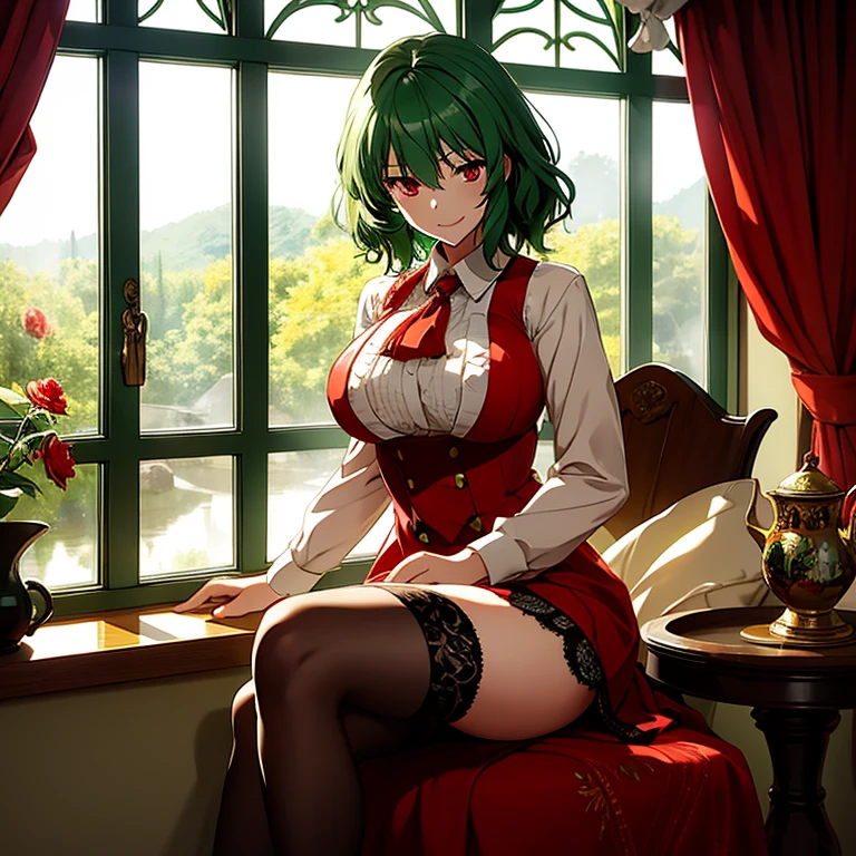 1 girl, yuuka, yuuka kazami, medium green hair, red eyes, red dress, tights, red flats, full body, forest, sitting near window reading a book, table, tea cup, tea pot, tea, seductive look, hand on breast, smiling, amazing detail, dark outside window, rain on window, intricate detail, perfect anatomy, detailed perfect face, perfect body
