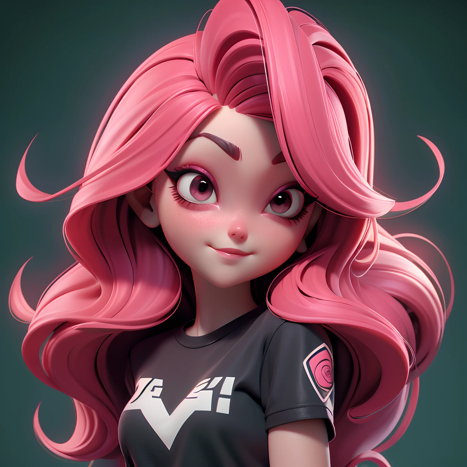 (melhor qualidade : 4k) 3D face pattern, doce e delicada, Com cabelos longos vermelhos maquiagem preta, long eyeslashes,camiseta rosa,olhos verdes,cabelos ruivos