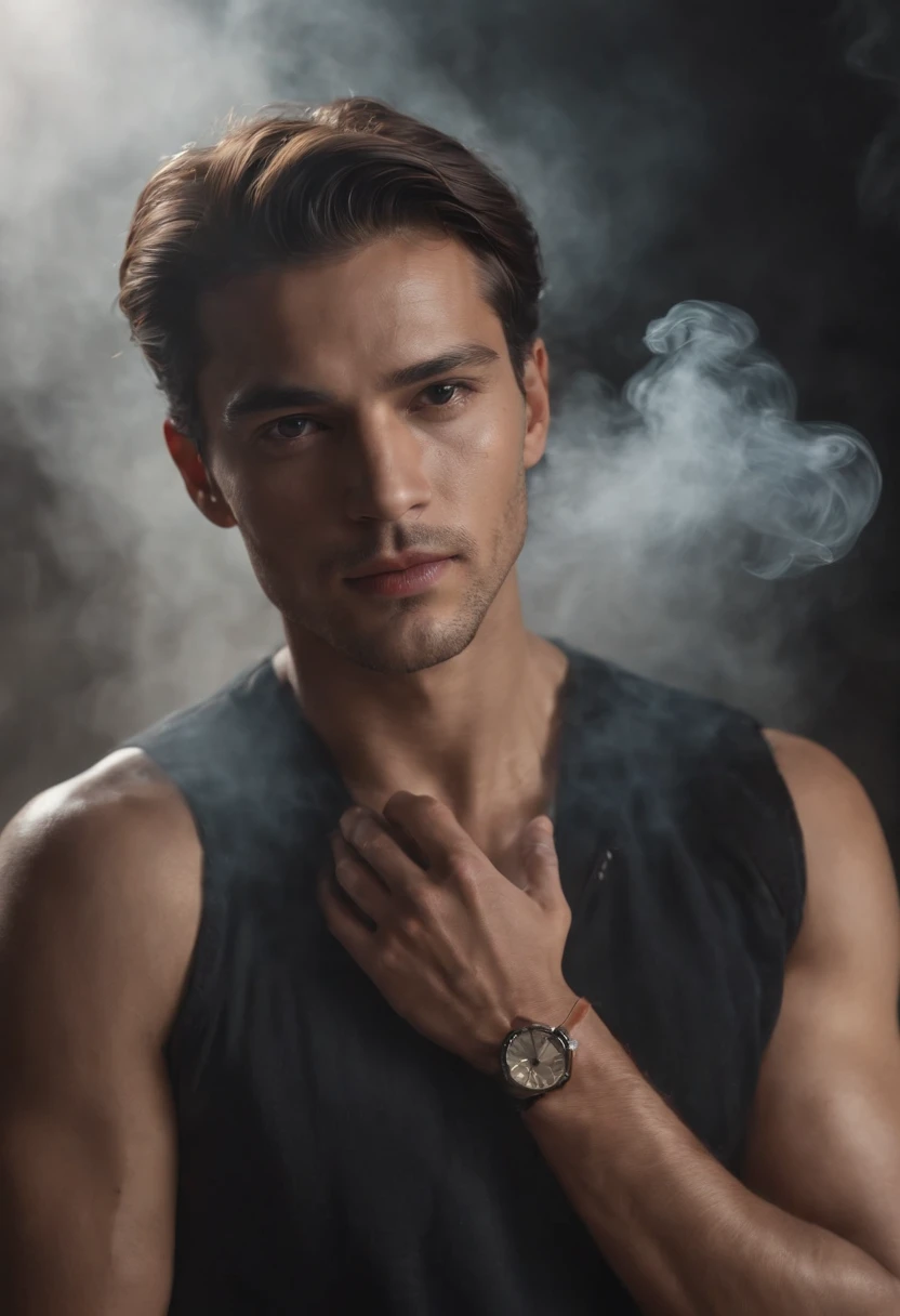 ethereal photo of elegant man, Brazilian nationality, tanned skin, women in the background, Atoms emerging from swirls of smoke and red and black vapors, Peter Lindbergh style, masterpiece of complex art, foreboding, golden ratio, Trend in CGSeteration, intricate, epic, trending on artgerm's ArtStation, highly detailed and vibrant production cinematic character rendering, very high quality template